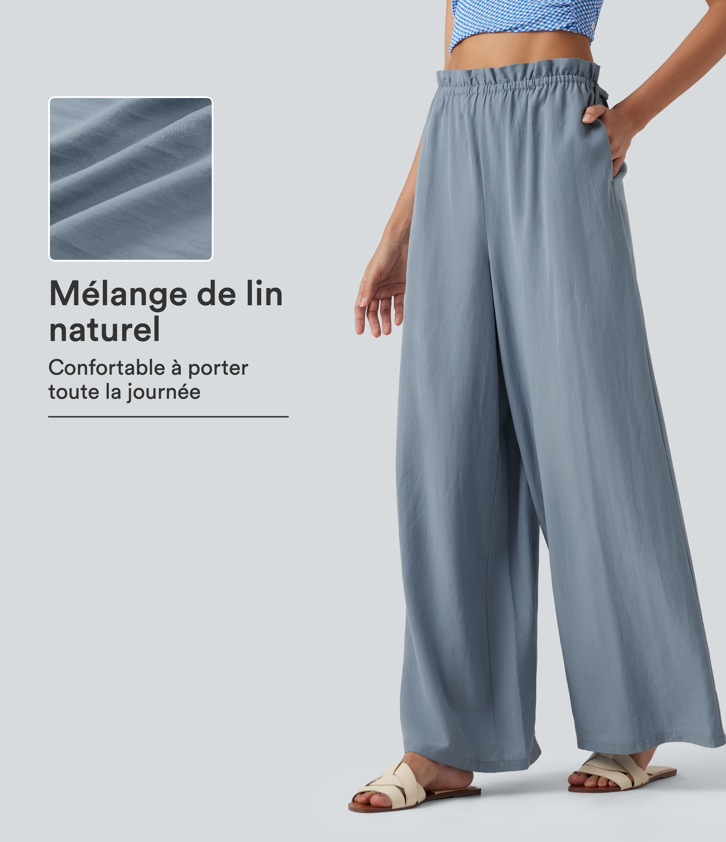 Pantalon baggy fluide casual en mélange de lin taille mi-haute à volants avec cordon et poches