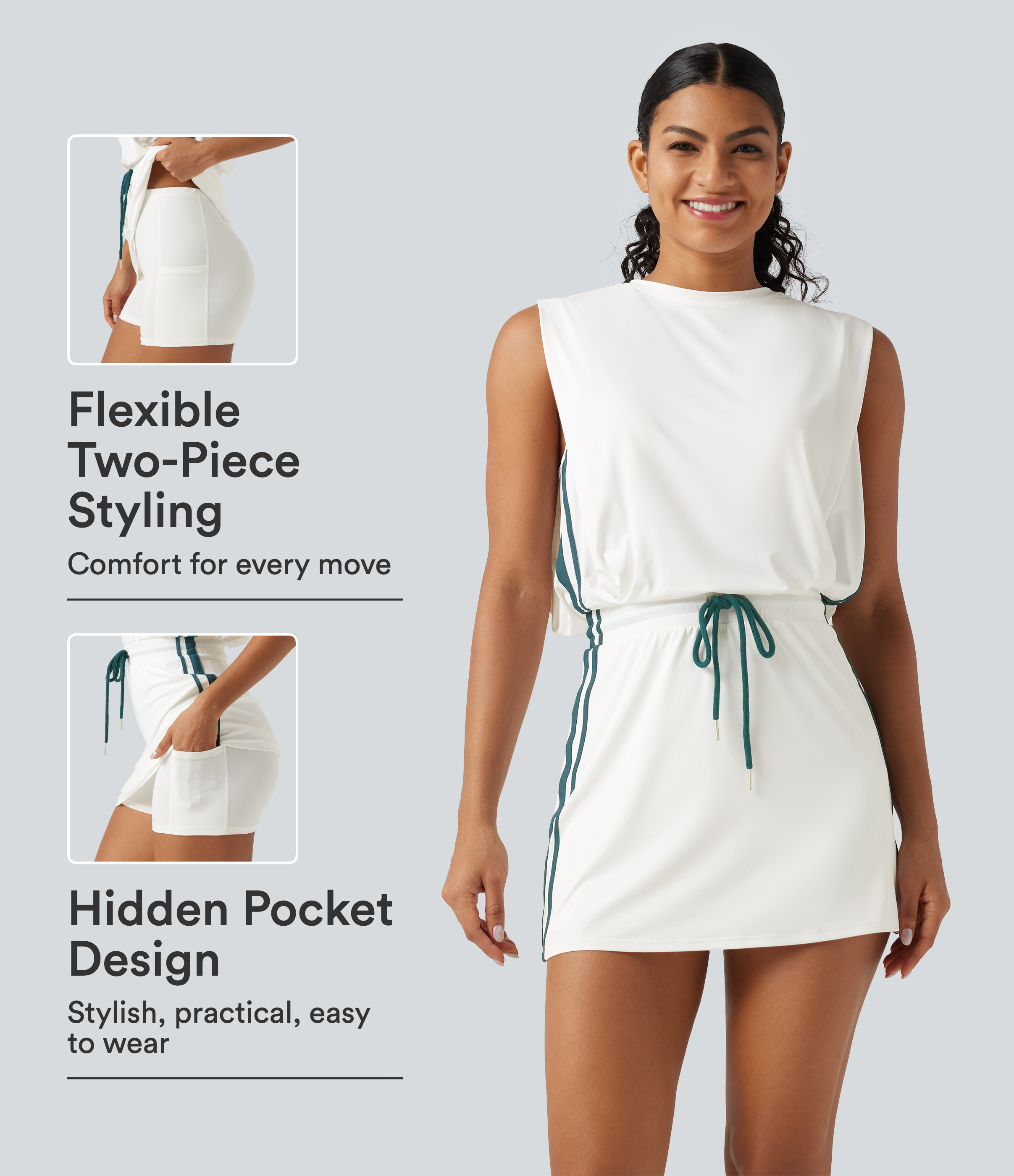 Round Neck Sleeveless Drawstring Side Stripe 2-Piece Cool Touch Mini Workout Active Dress with Pockets-UPF50+