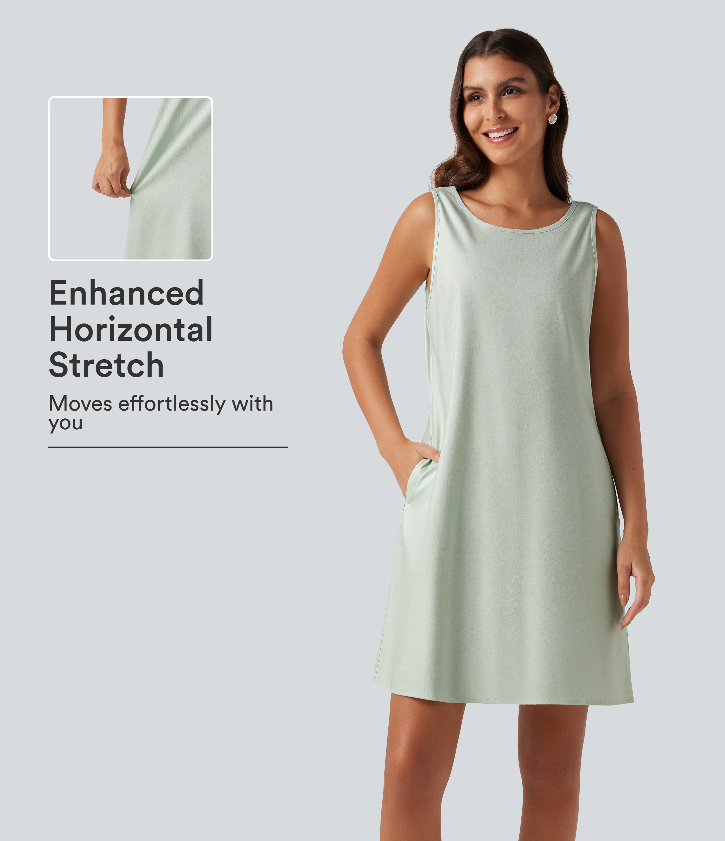 Round Neck Sleeveless Cotton Linen Mini Casual Dress with Pockets