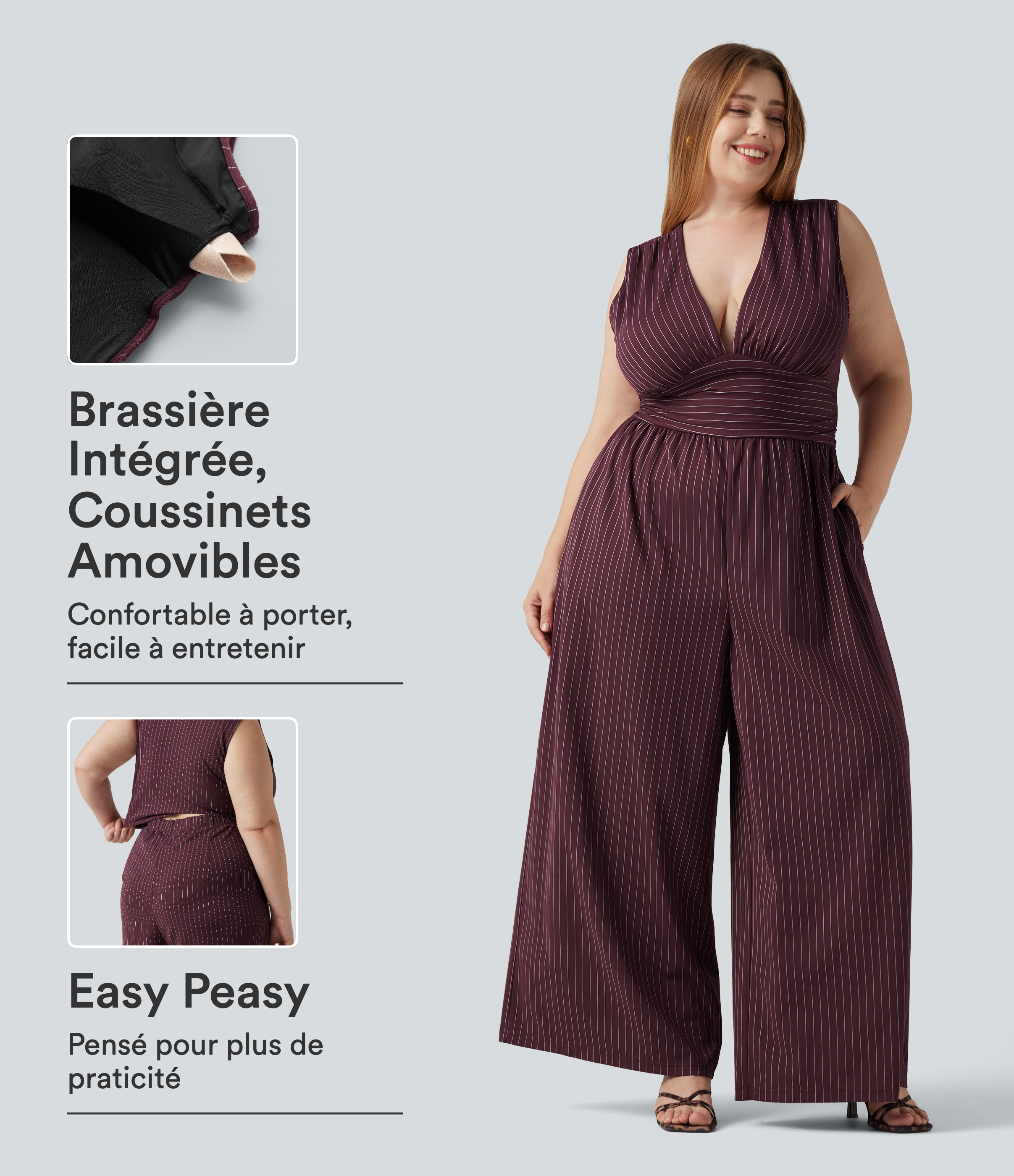 Combinaison grande taille rayée à décolleté V plongeant, toucher frais, coussinets amovibles, poches et accès facile Easy Peasy