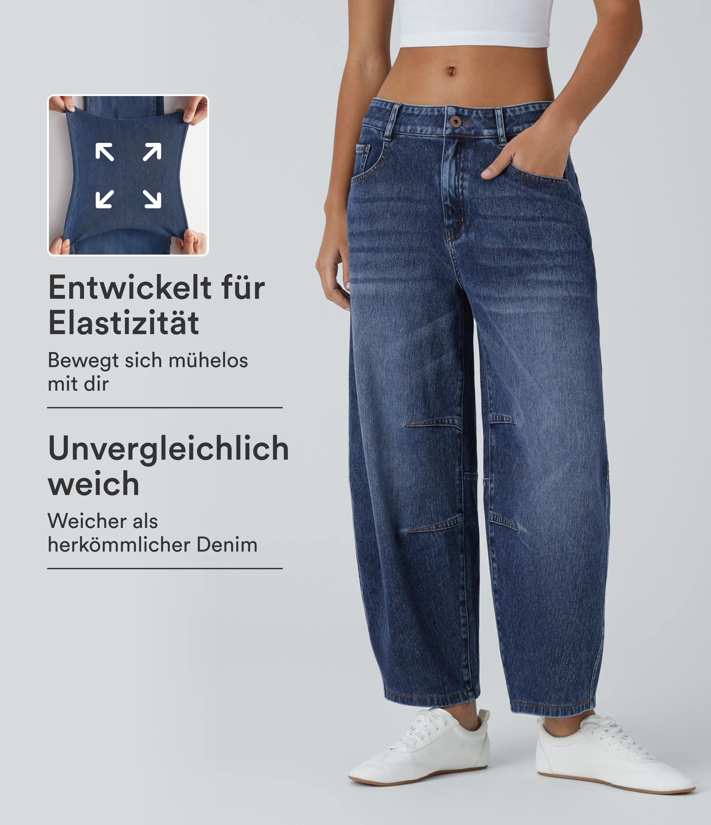 Halara Flex™ Barrel-Leg-Jeans aus elastischem Strick-Denim mit niedrigem Bund, Knopf, Reißverschluss und mehreren Taschen