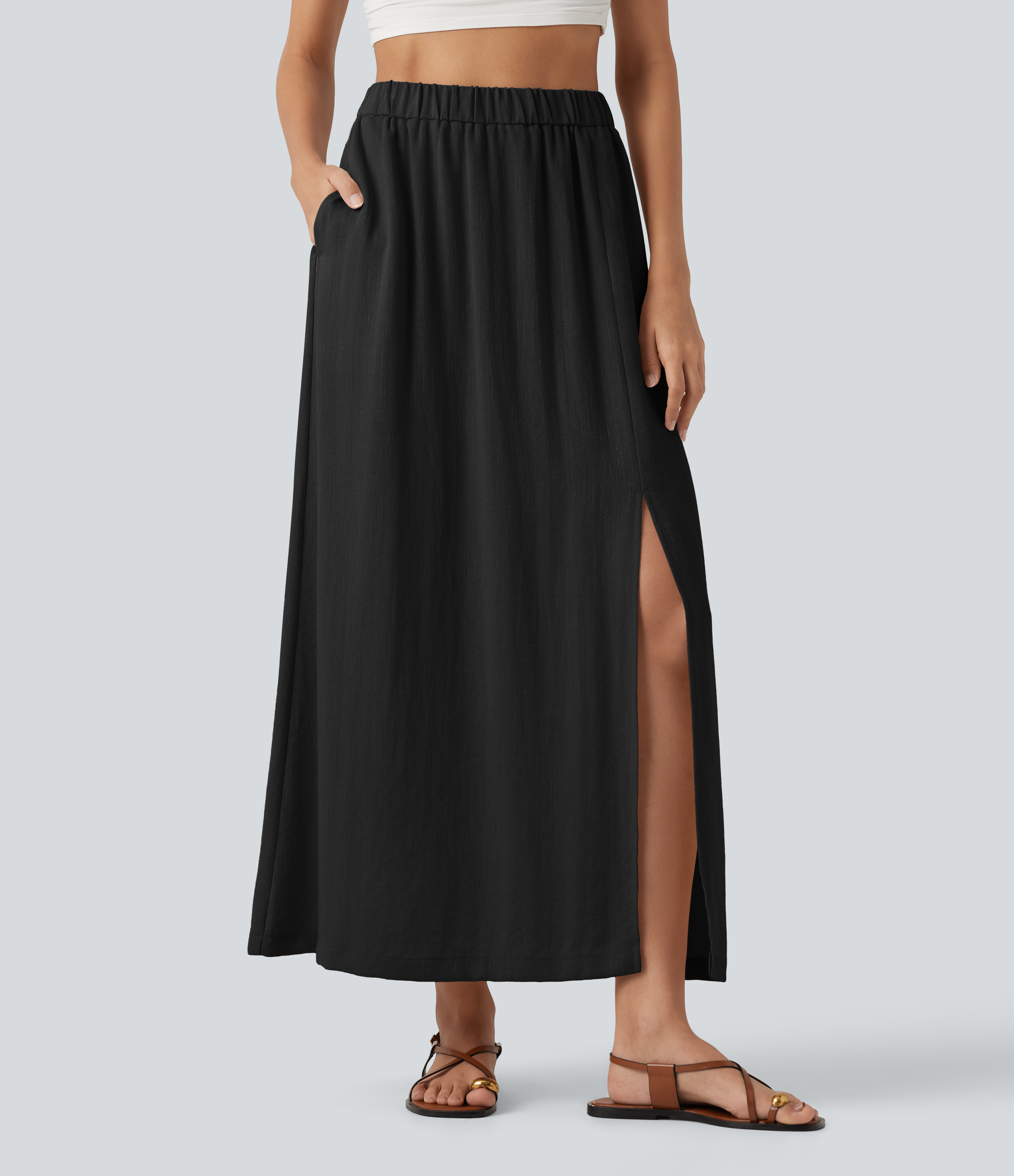 High Waisted Split Hem Maxi Casual Linen-Feel Skirt with Pockets