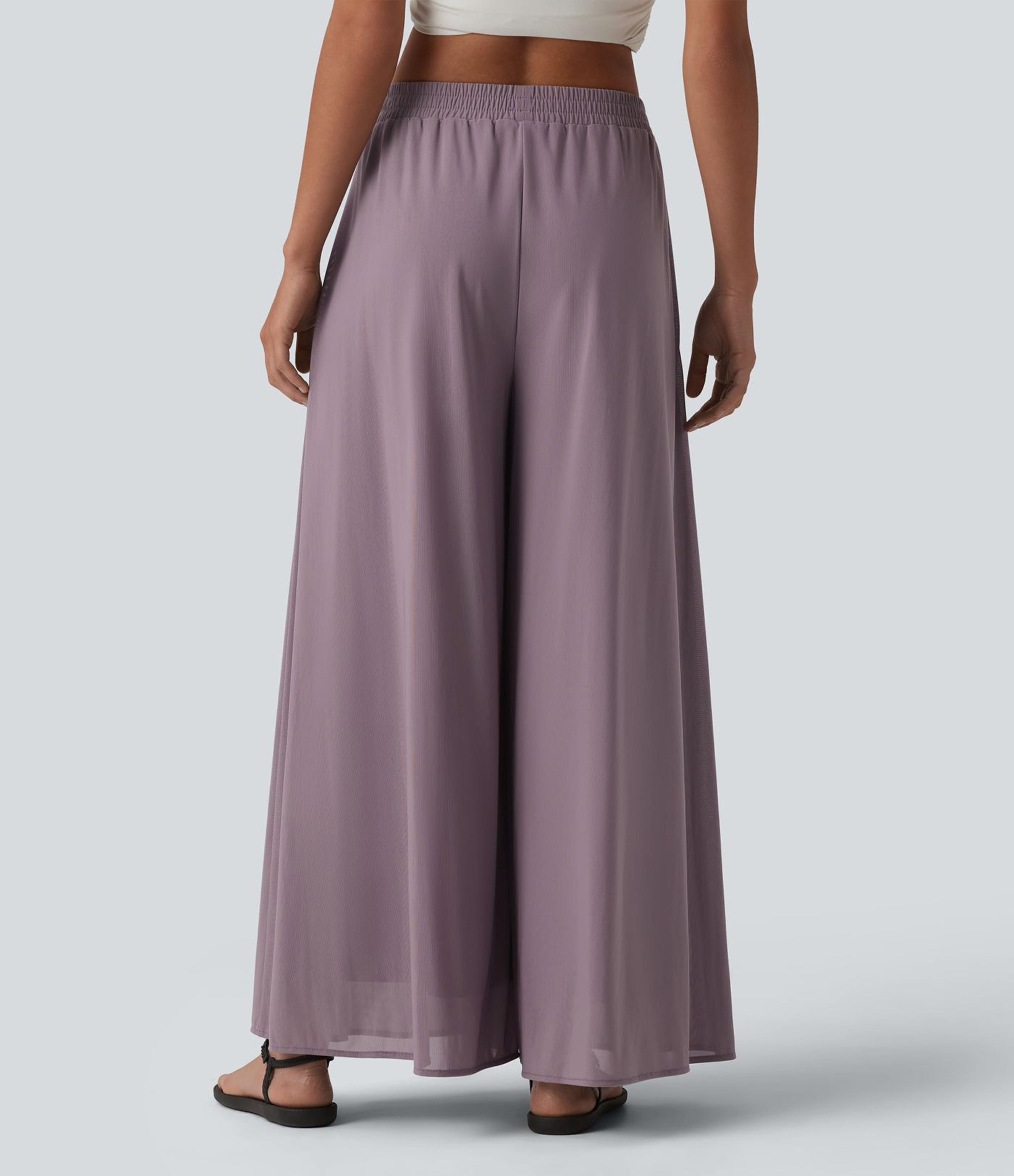 Iris Purple Pantalones casual de cintura alta con bolsillos, superposición de malla y pierna ancha / 2