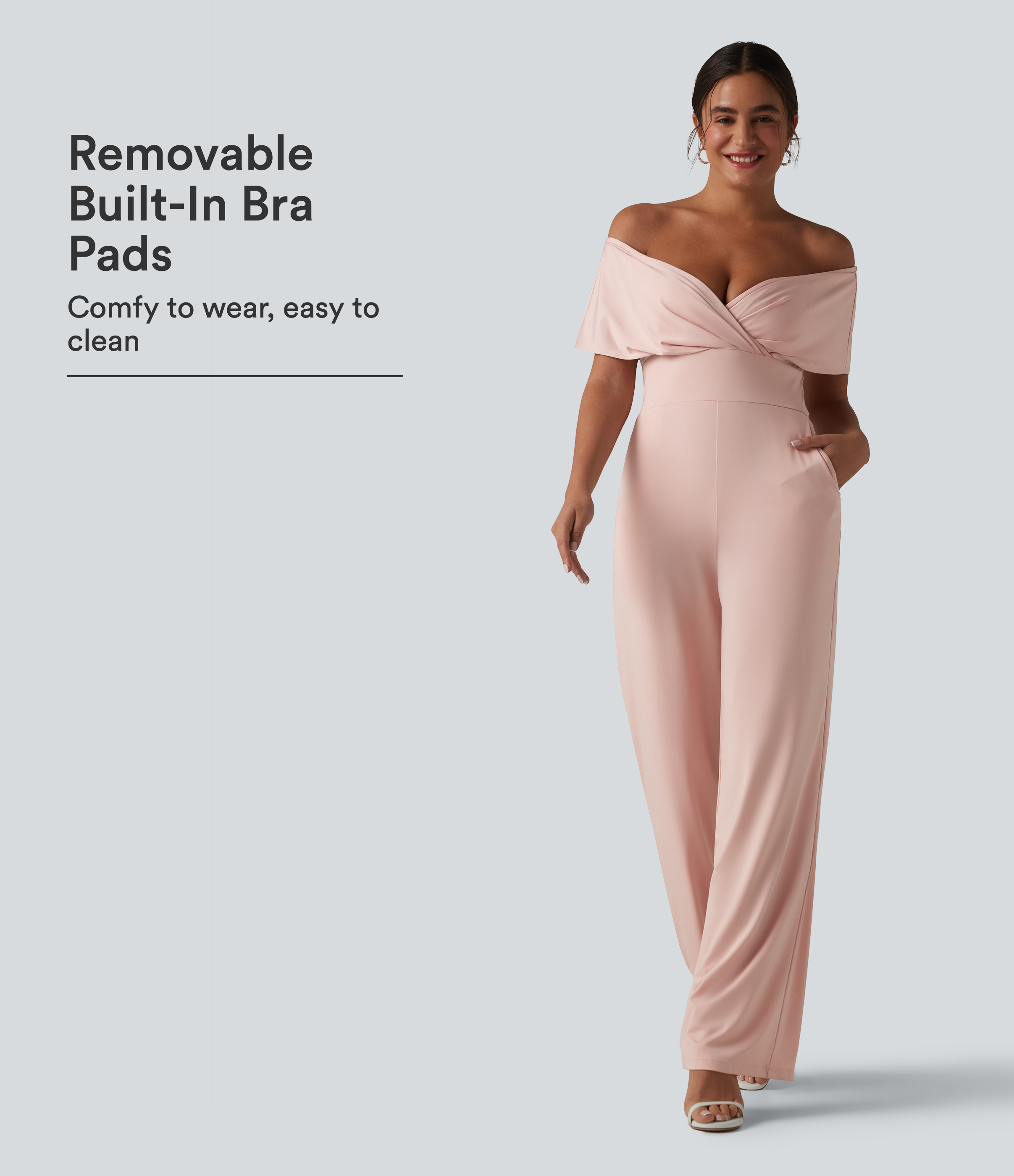 Off Shoulder Built-in Bra Short Sleeve Casual Jumpsuit with Pockets