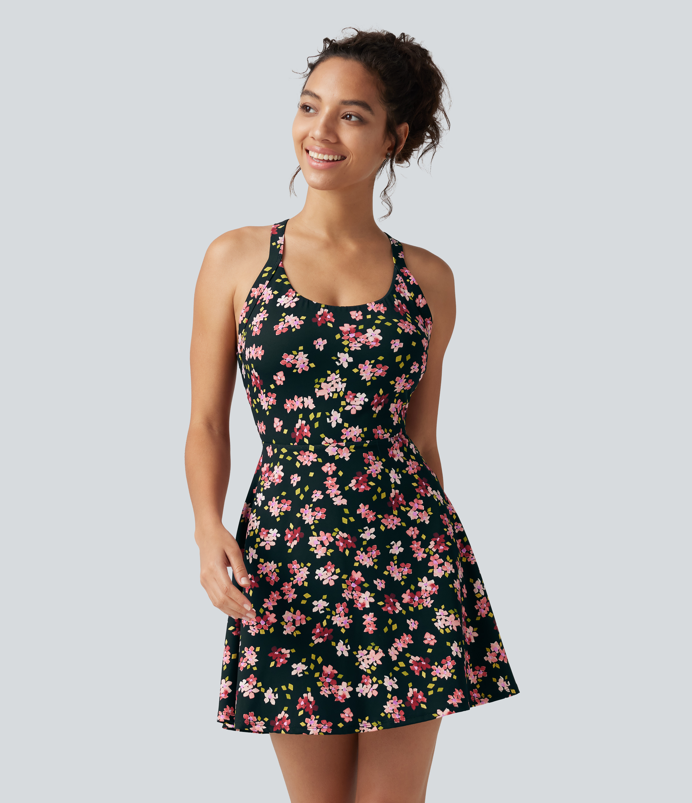 Tropic Petals Vestido activo mini 2 en 1 para baile con sujetador integrado, estampado floral pequeño y bolsillos - Edición Easy Peezy / 2