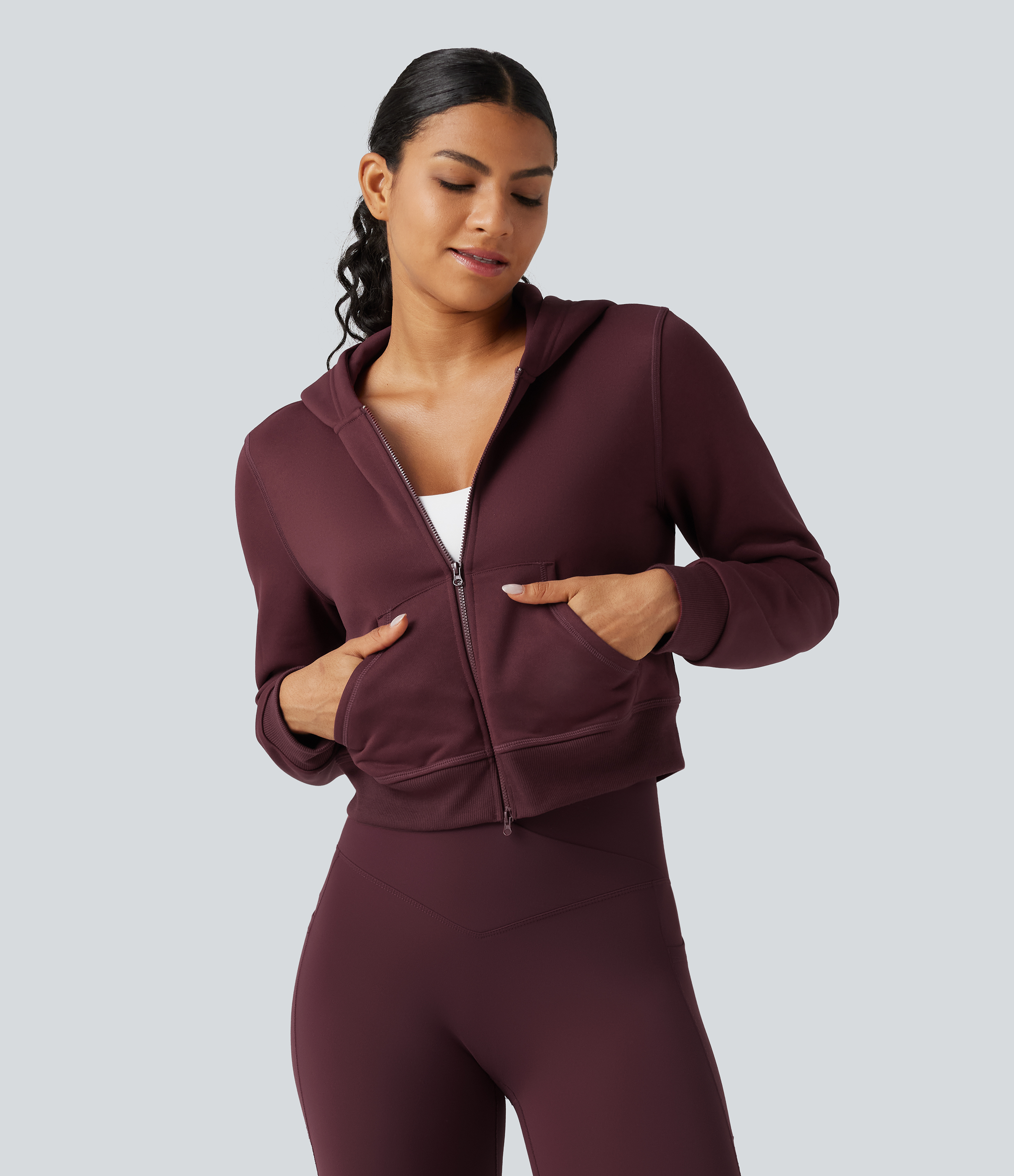 Hooded Long Sleeve Fleece Workout Jacket with Pockets
