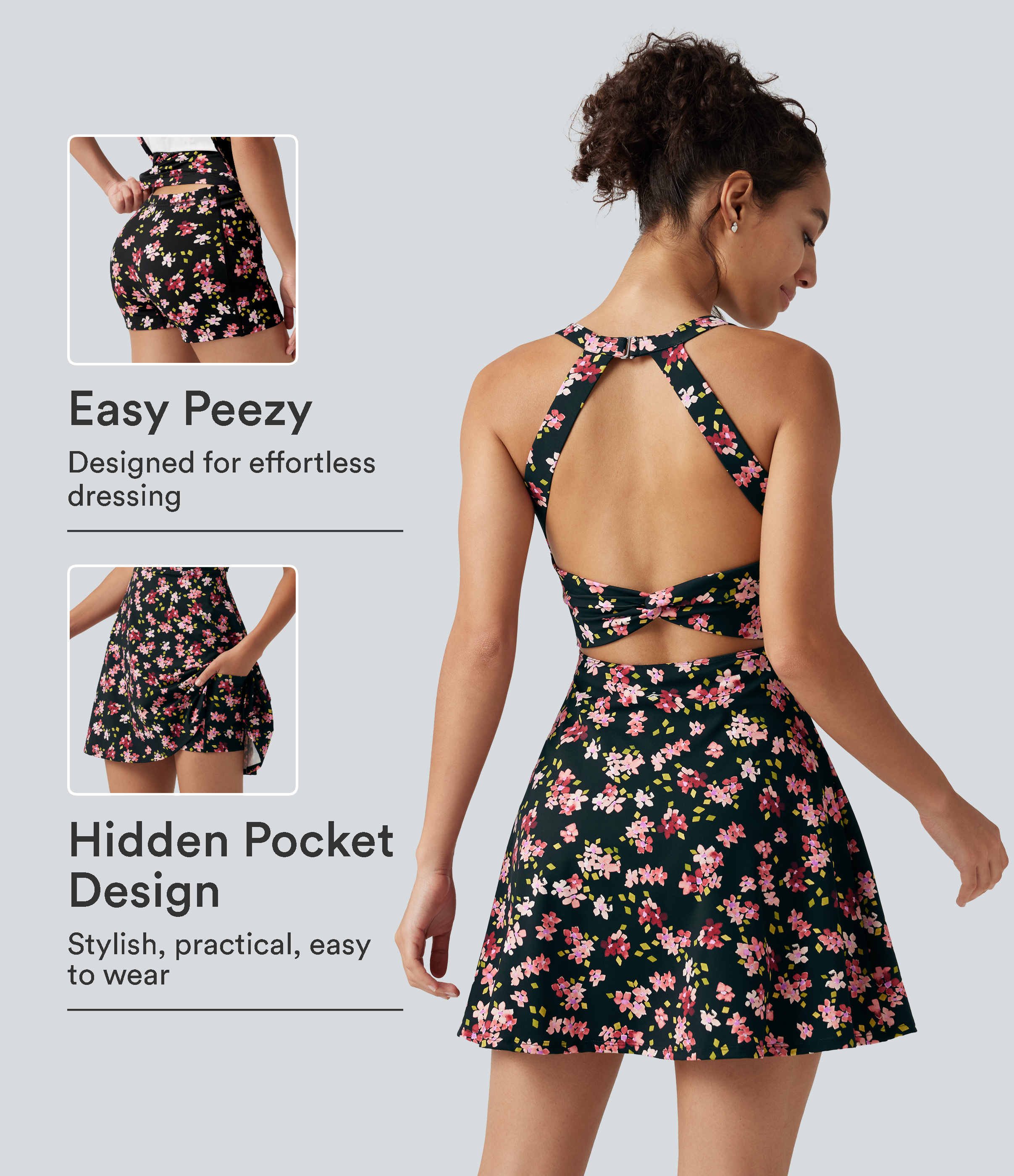 2-in-1 Sport-Minikleid mit Seitentaschen, integriertem BH und zarten Blumenmuster - Easy Peezy Edition
