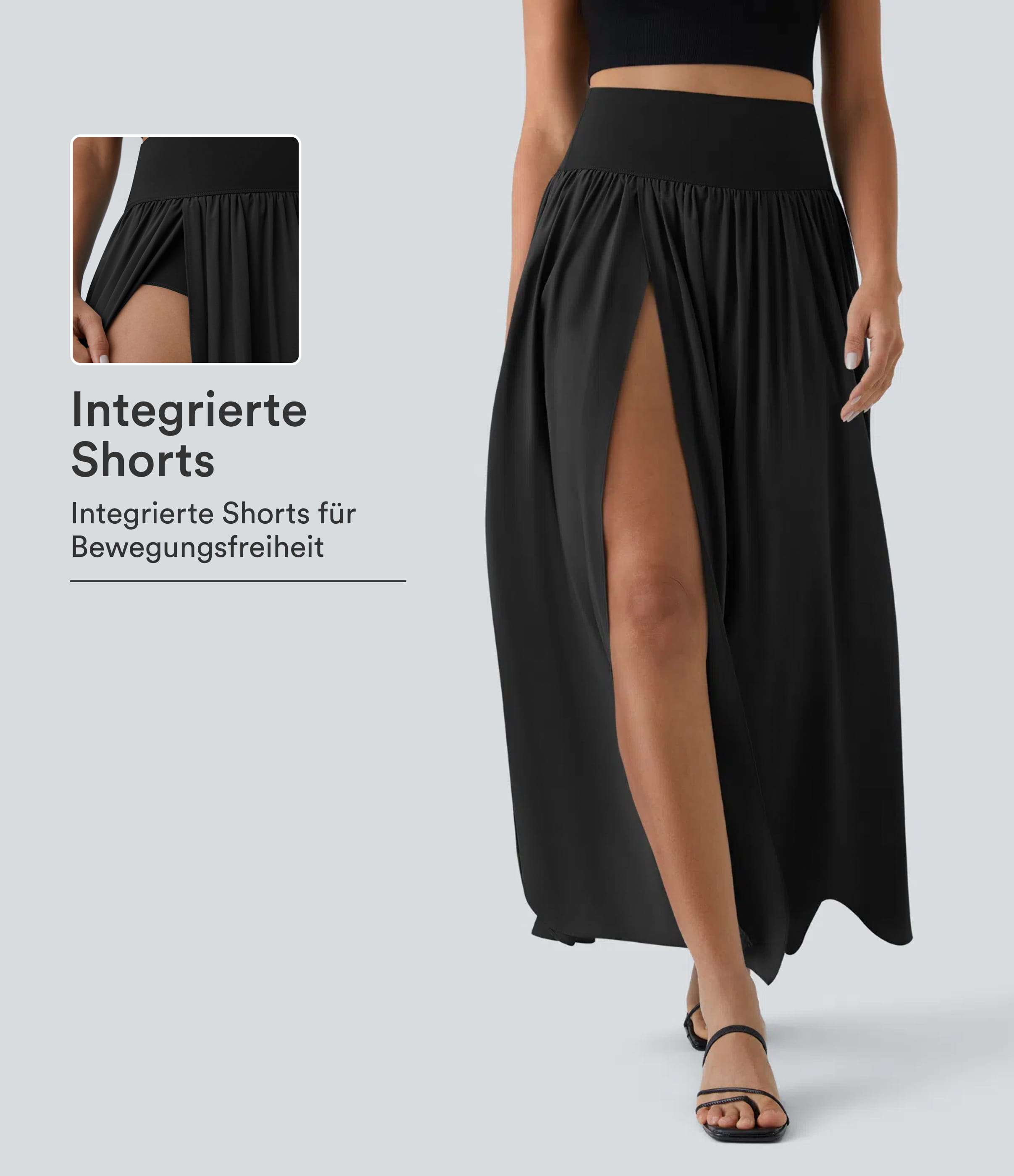 Breezeful™ Hoch taillierter, plissierter, 2-in-1-Flowy-Maxi-Freizeitrock mit Schlitz, schnell trocknend