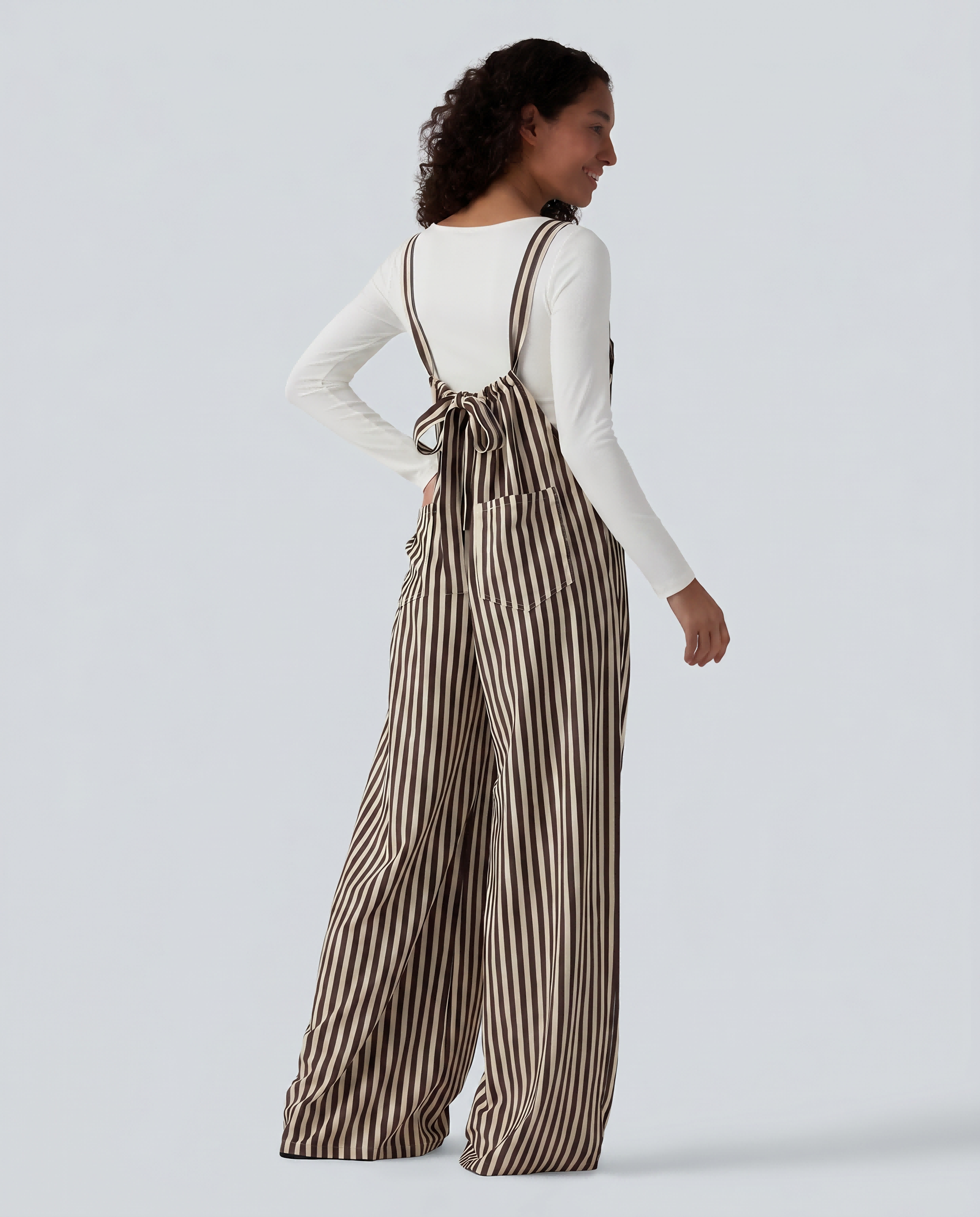 Tie-back Stripes Casual Baggy Overalls with Pockets