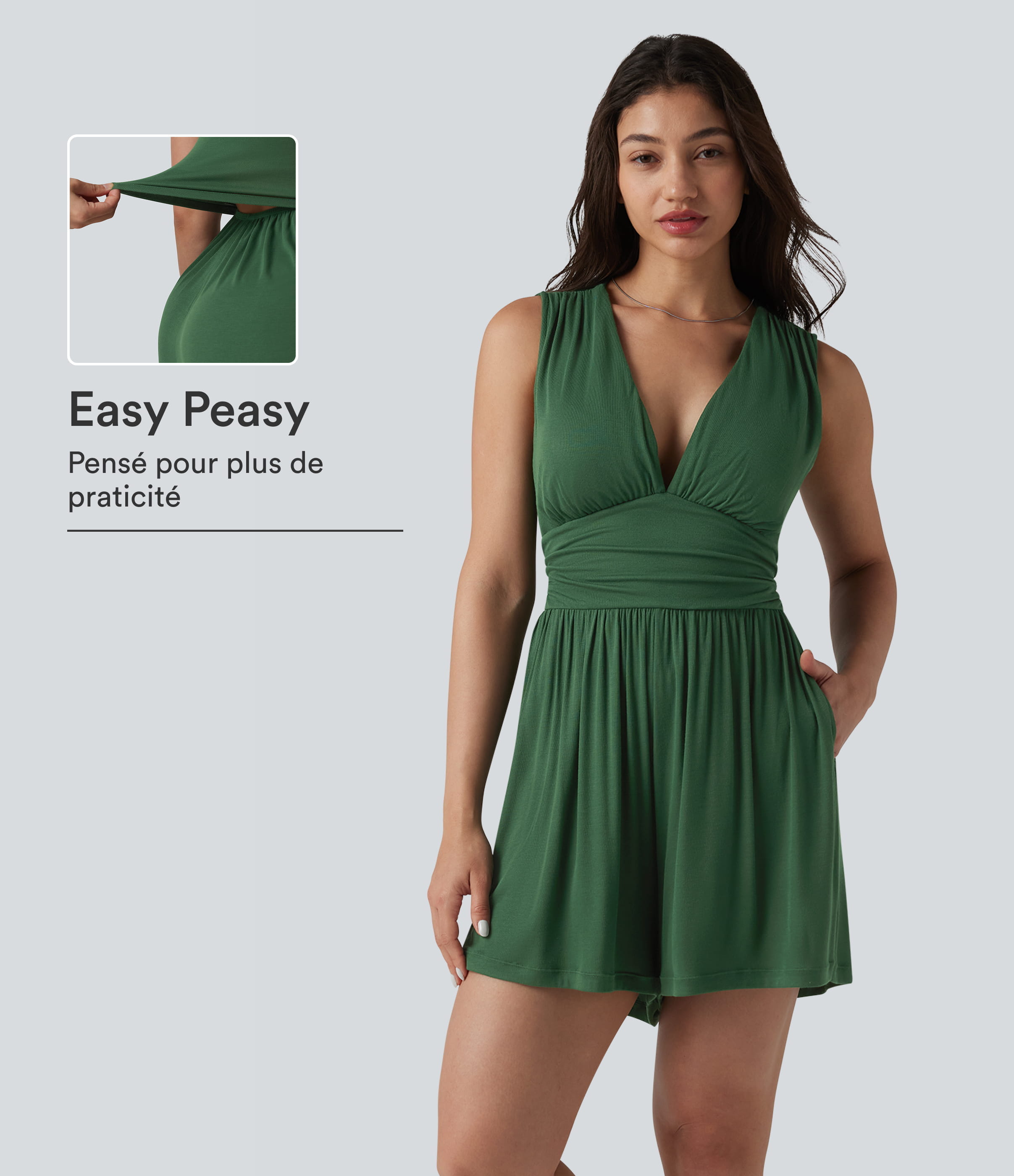 Combishort casual côtelé sans manches col V, fronces et soutien-gorge intégré, avec poches – Easy Peasy
