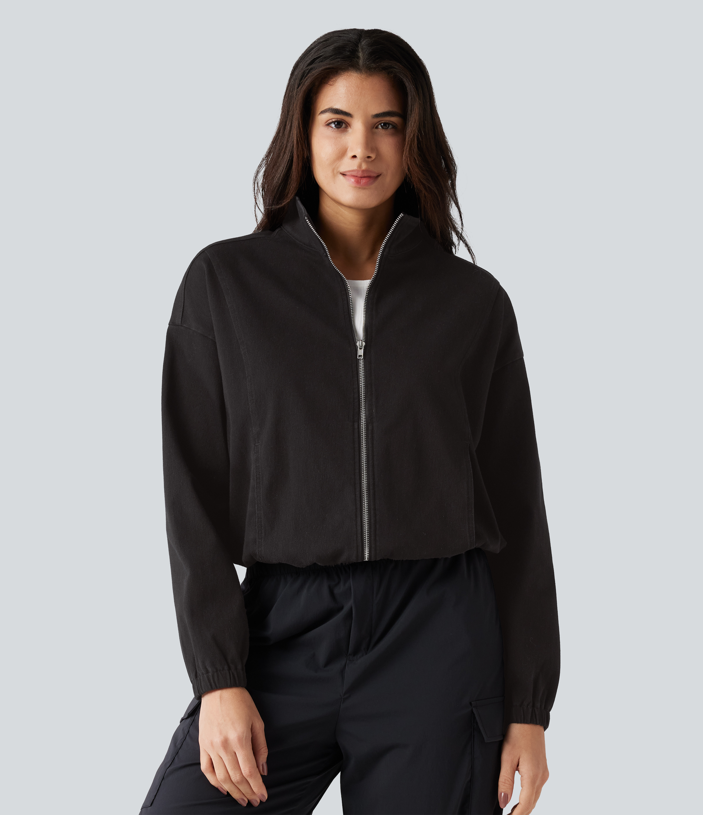 Halara Flex™ Veste décontractée en denim à col montant, manches longues et poches