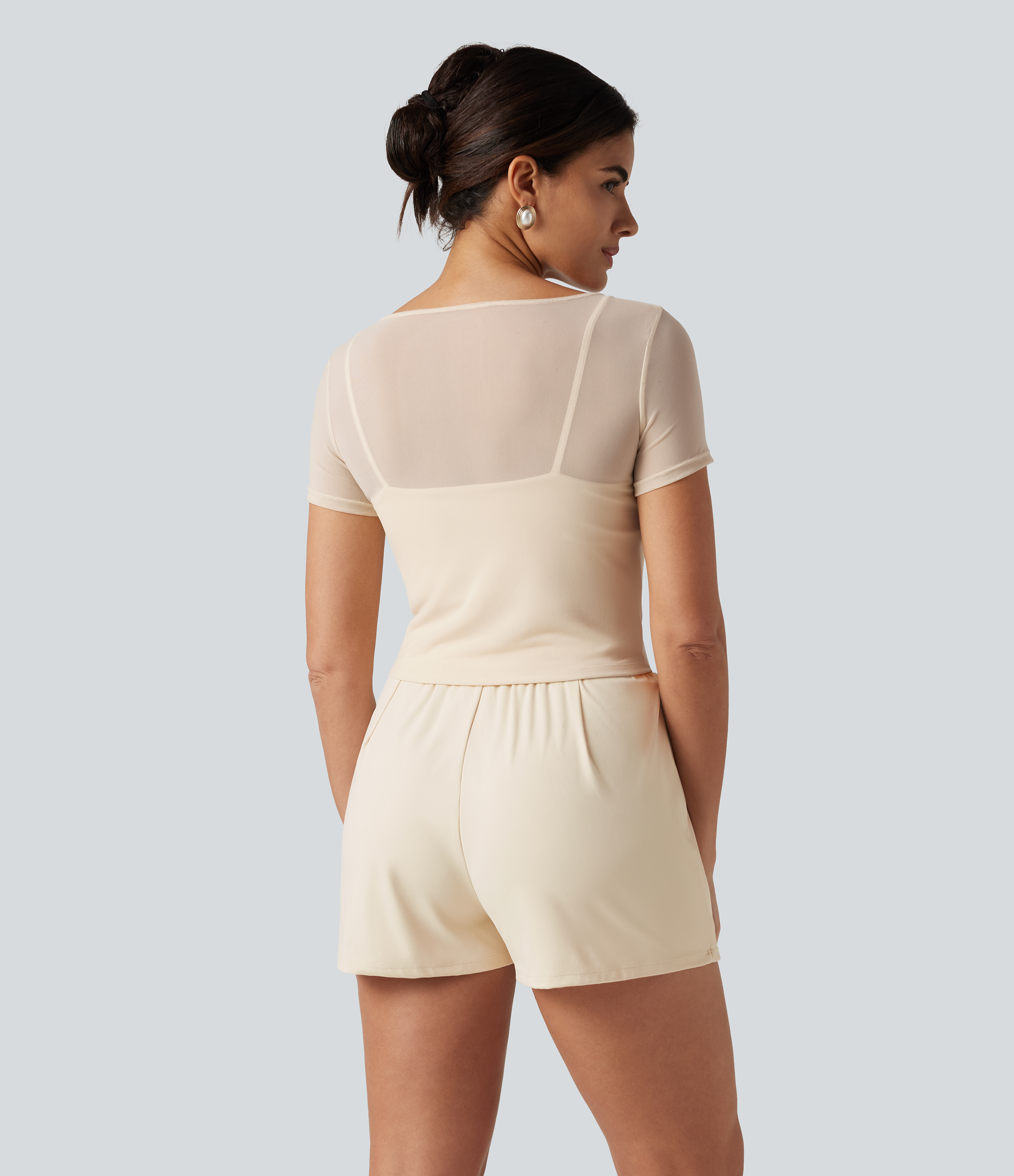 Solitary Star SoftlyZero™ Plush Boat Neck Built-in Bra Contrast Mesh Short Sleeve Party Romper with Pockets-Easy Peezy Edition / 2
