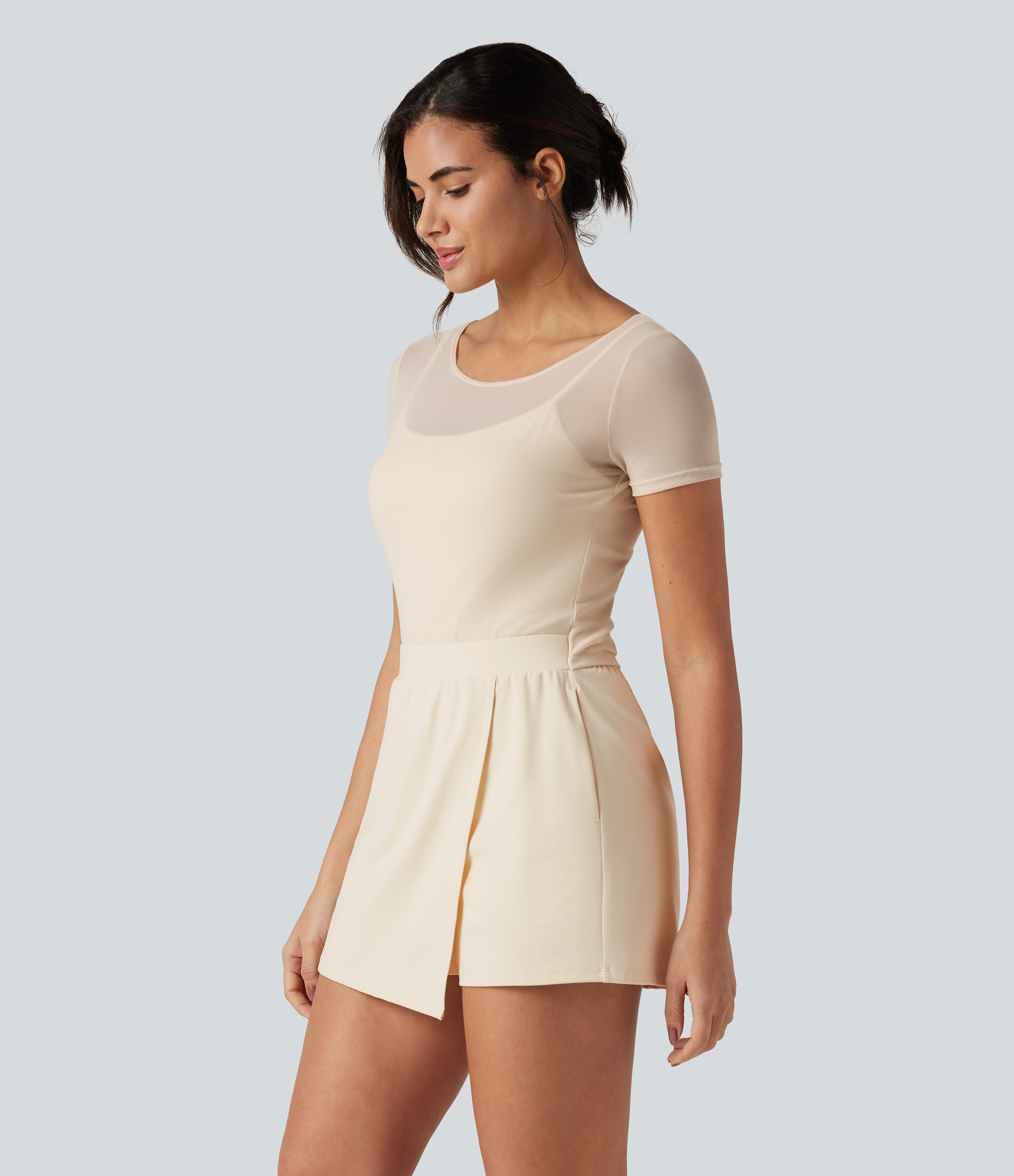 SoftlyZero™ Plush Boat Neck Built-in Bra Contrast Mesh Short Sleeve Party Romper with Pockets-Easy Peezy Edition