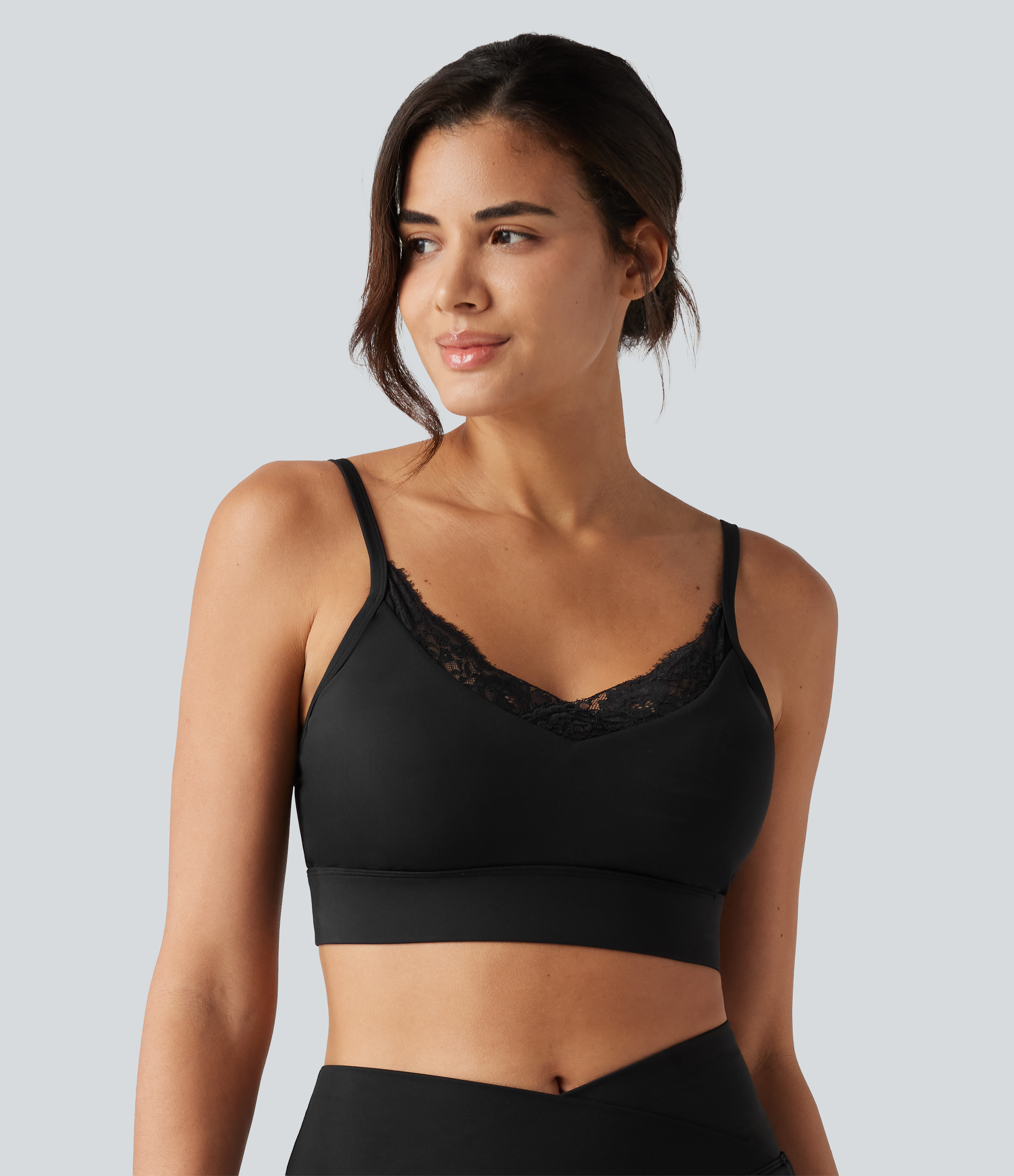 Black SoftlyZero™ Airy Light Support Sweetheart Neck Contrast Lace Built-in Bra InstantCool Workout Sports Bra-UPF50+ / 2