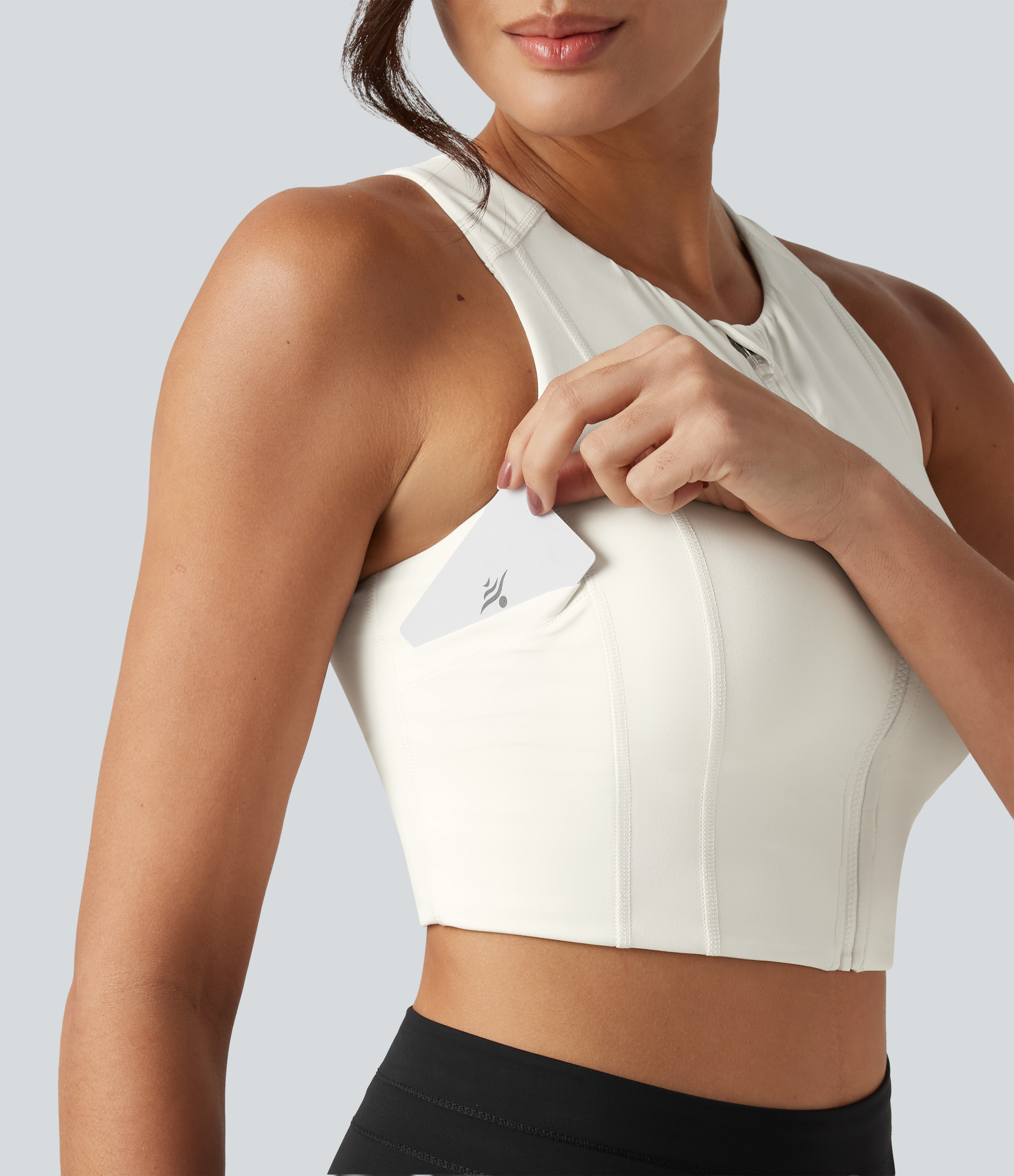 Round Neck Built-in Bra InstantCool Quick Dry Cropped Running Tank Top with Pockets-UPF50+