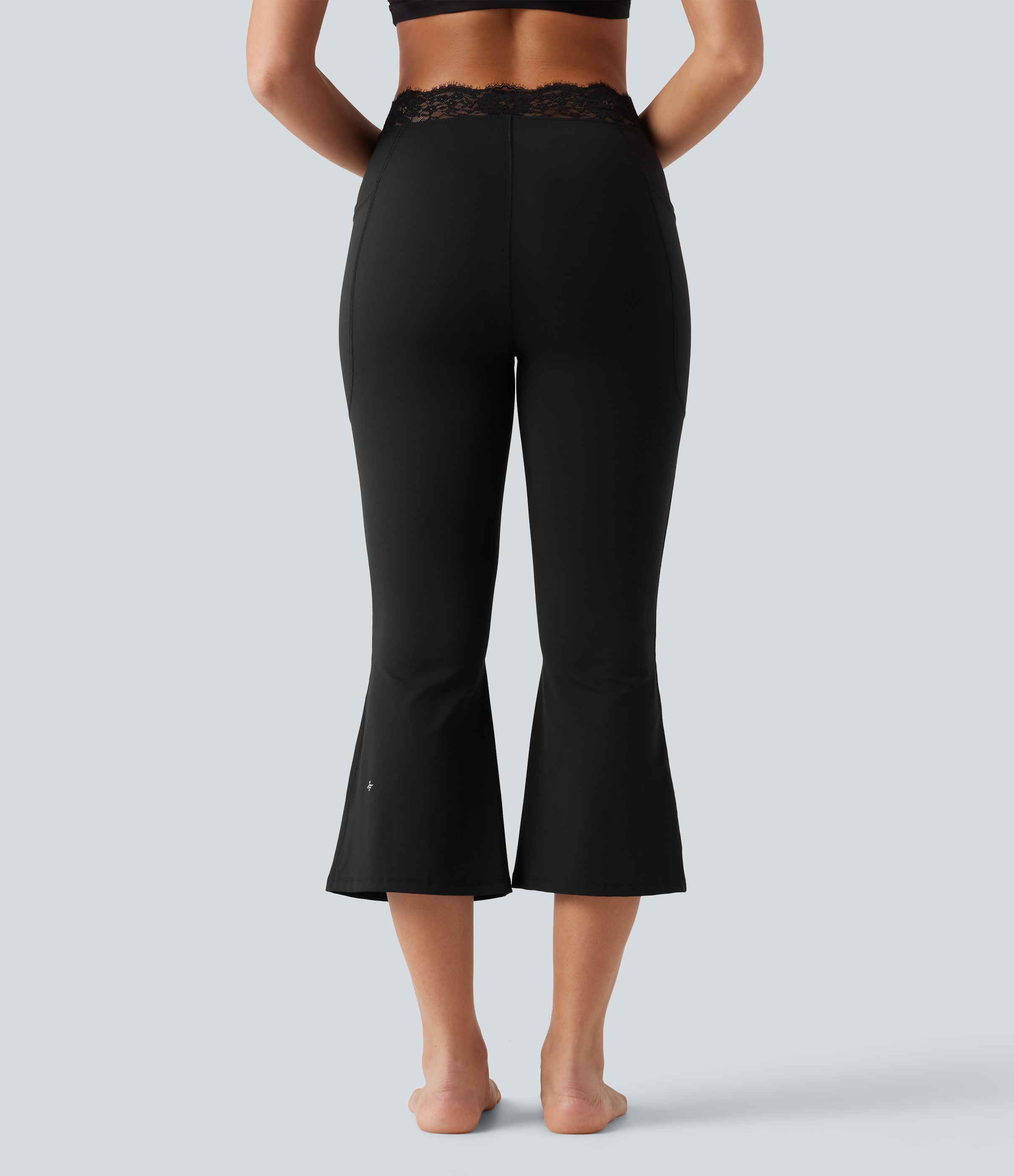 Black Halara UltraSculpt™ V-Shaped High Waisted Contrast Lace Cropped Yoga Flare Leggings with Pockets / 2