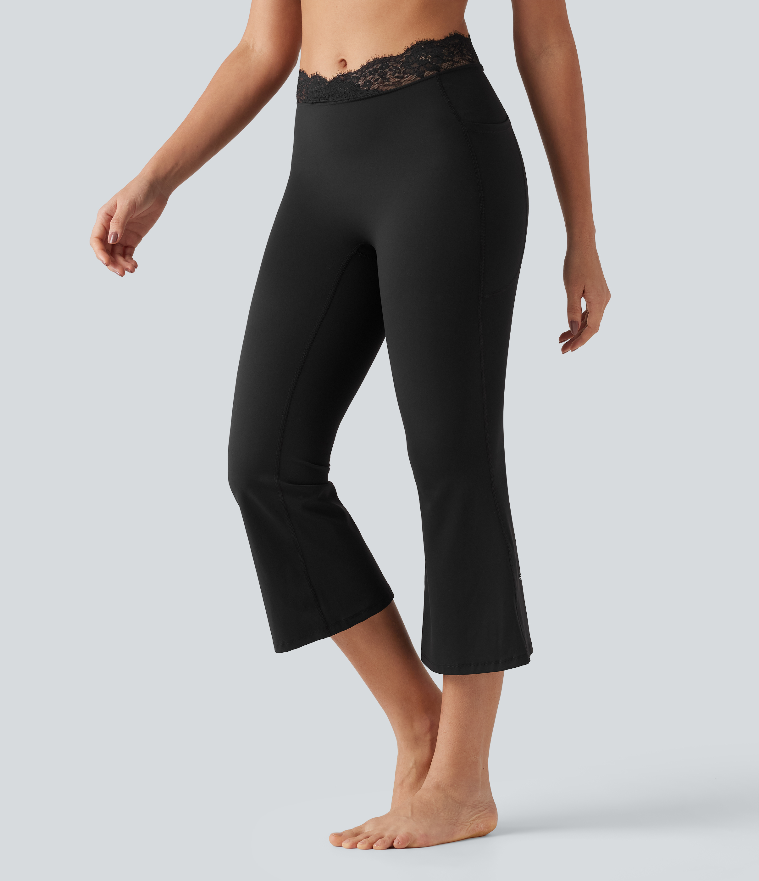 Halara UltraSculpt™ V-Shaped High Waisted Contrast Lace Cropped Yoga Flare Leggings with Pockets