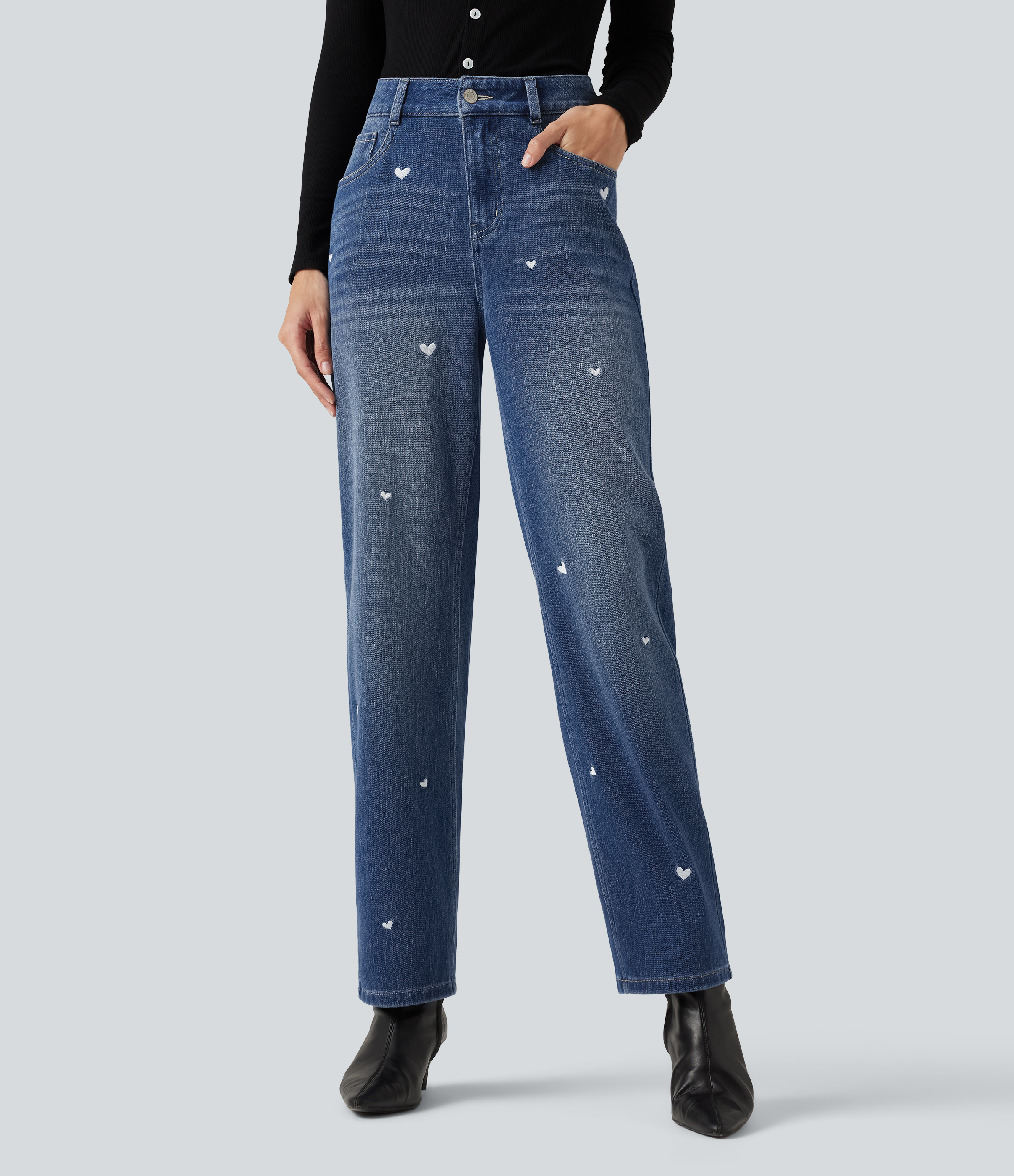 Halara Flex™ High Waisted Embroidery Straight Leg Casual Jeans with Pockets