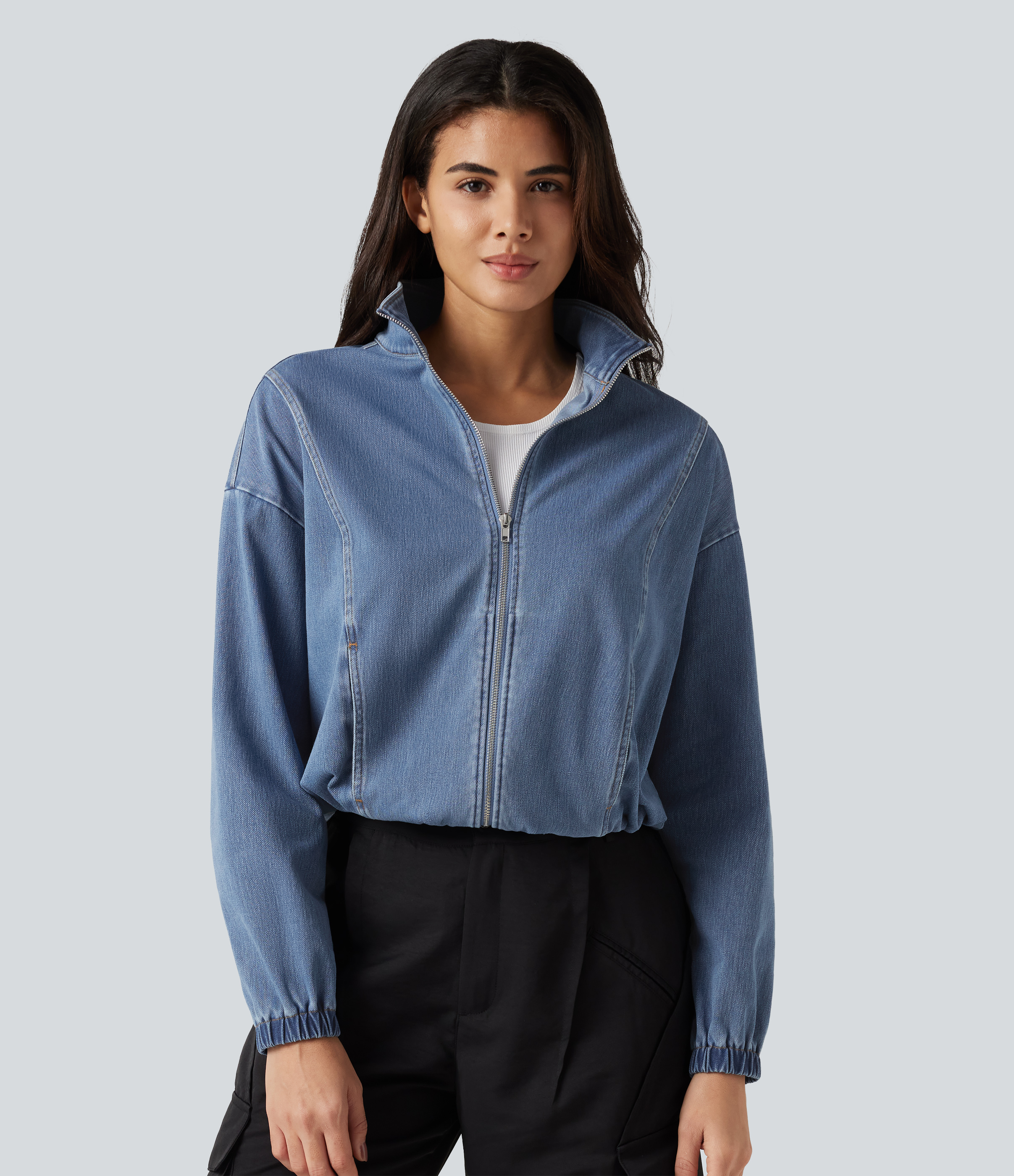 Halara Flex™ High Neck Long Sleeve Denim Casual Jacket with Pockets