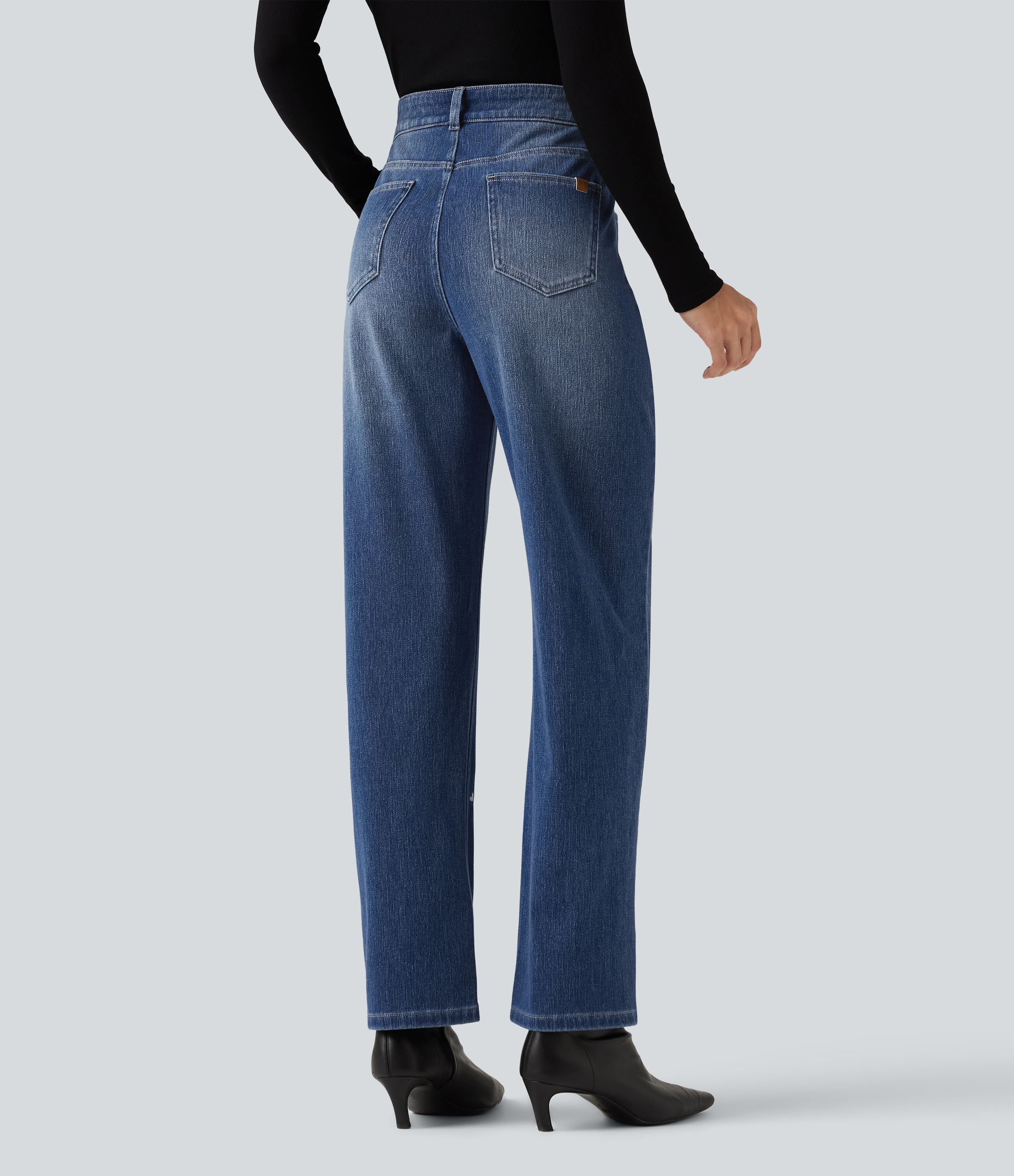 Tide Blue Denim Halara Flex™ High Waisted Embroidery Straight Leg Casual Jeans with Pockets / 2
