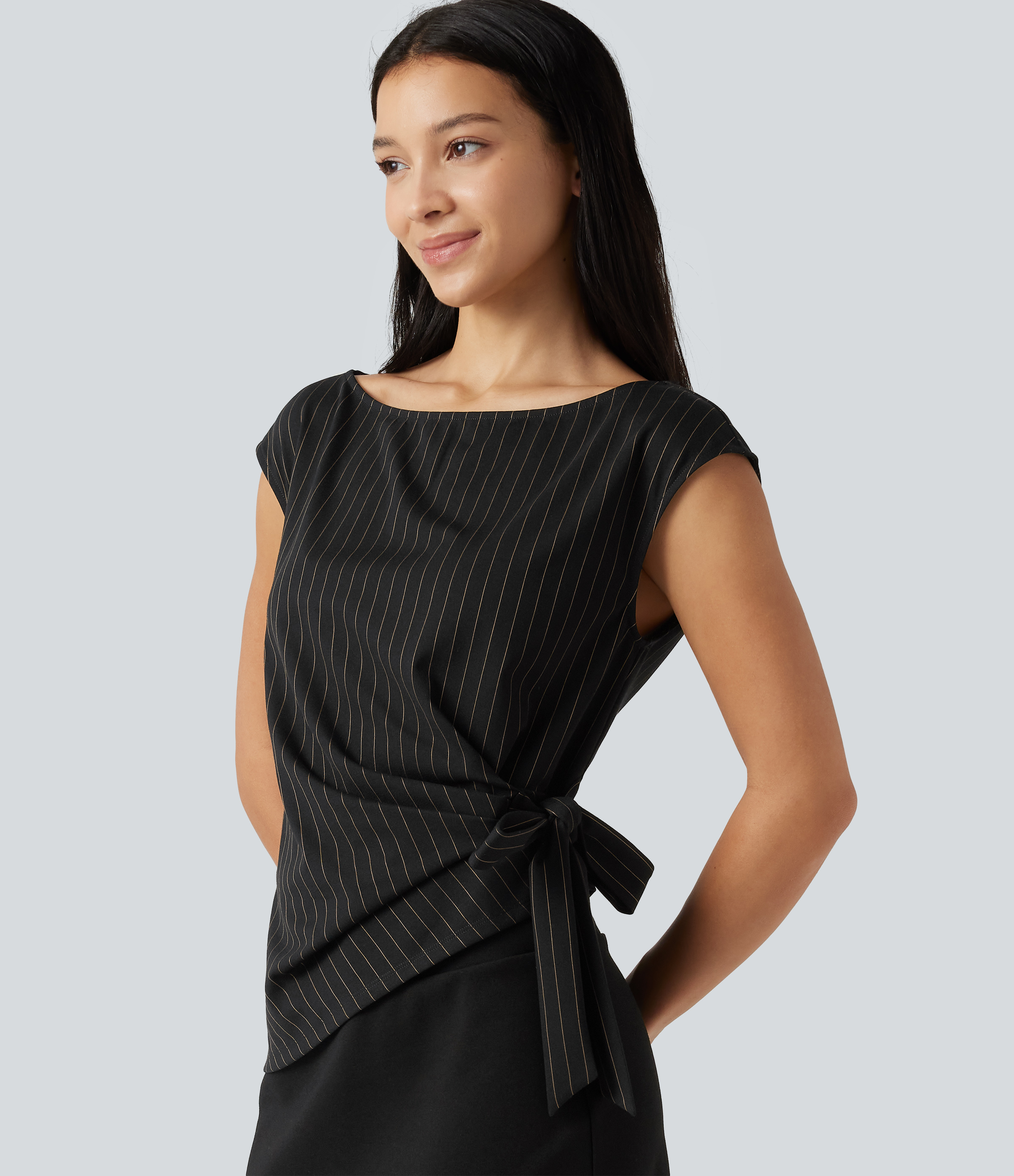 Boat Neck Cap Sleeve Striped Ruched Tie Side Asymmetric Hem Work Blouse