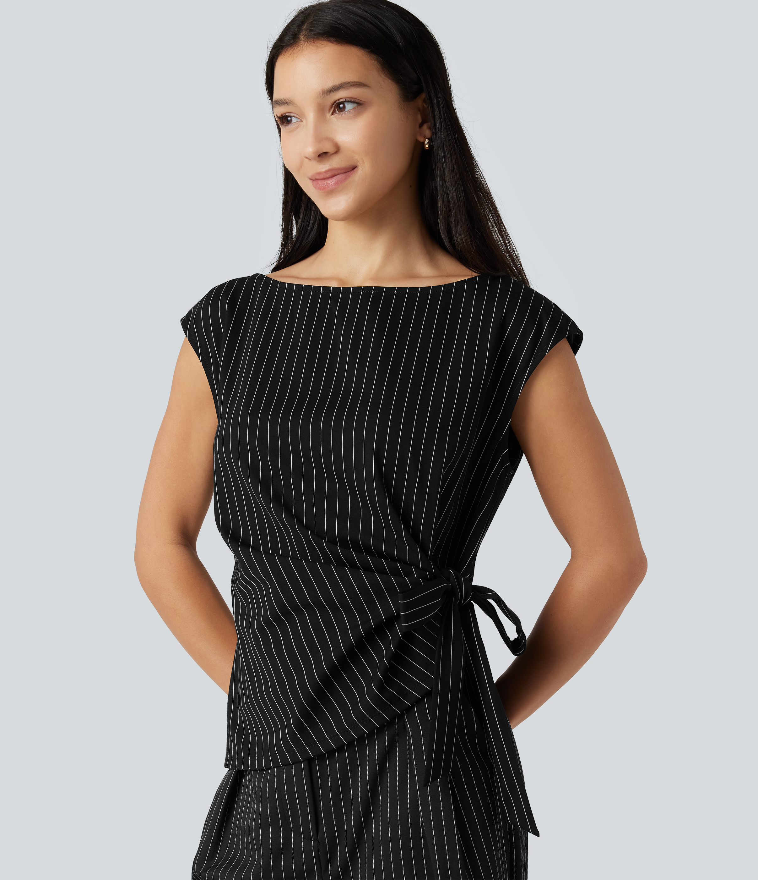 Boat Neck Cap Sleeve Striped Ruched Tie Side Asymmetric Hem Work Blouse
