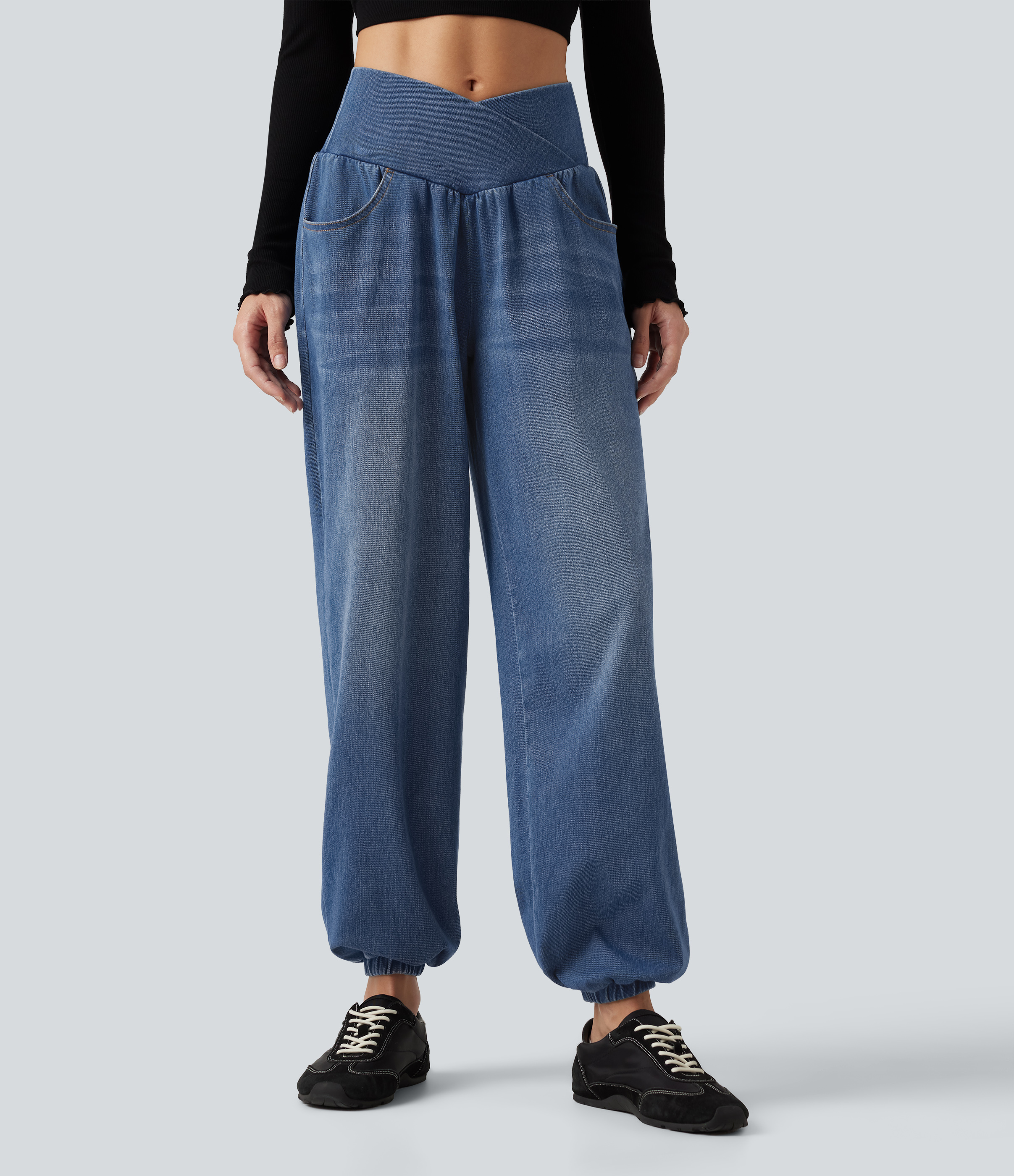 Tide Blue Denim Halara Flex™ High Waisted Crossover Tummy Control Denim Casual Joggers with Pockets / 1