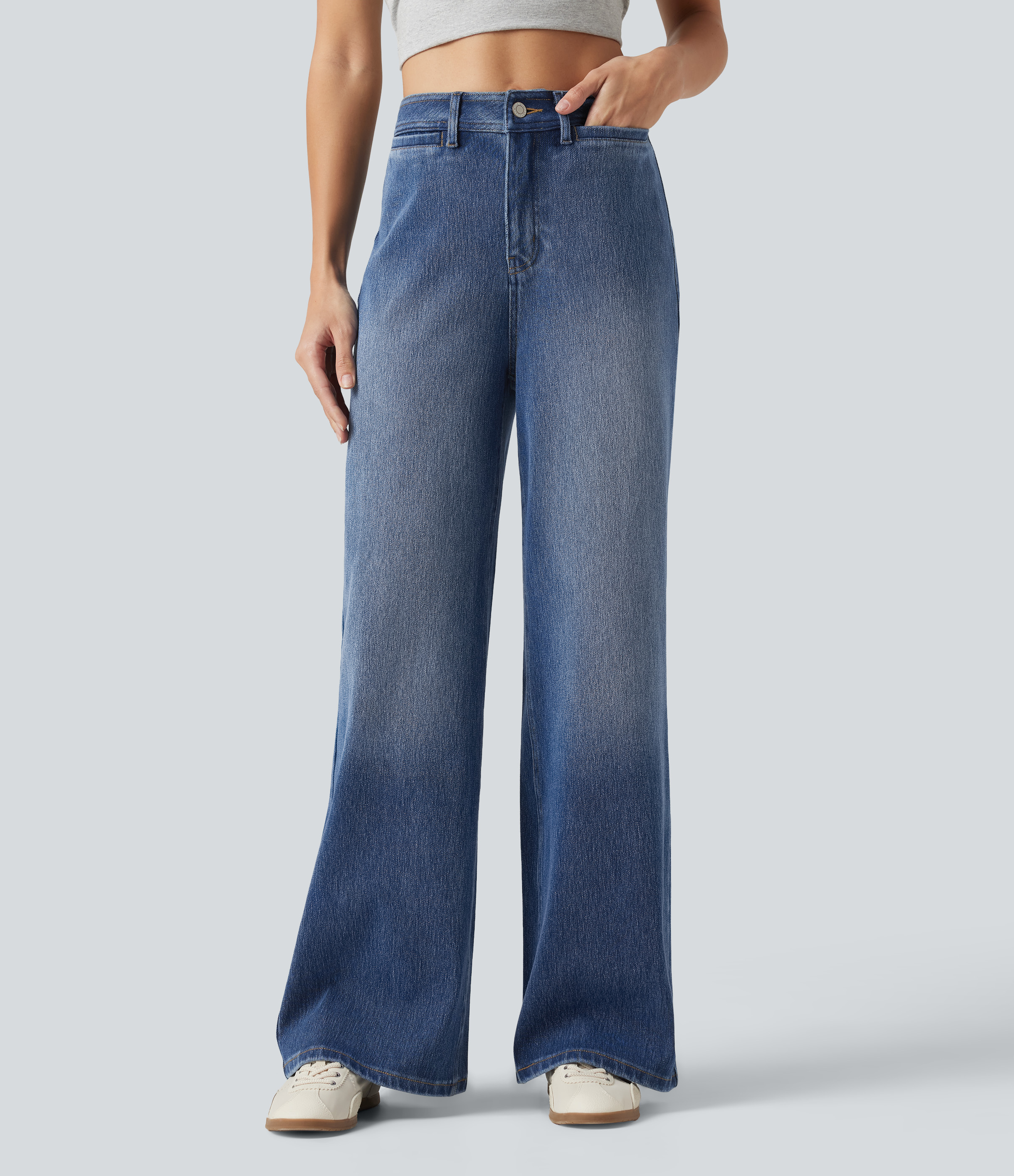 Halara Flex™ High Waisted Wide Leg Washed Casual Jeans with Pockets