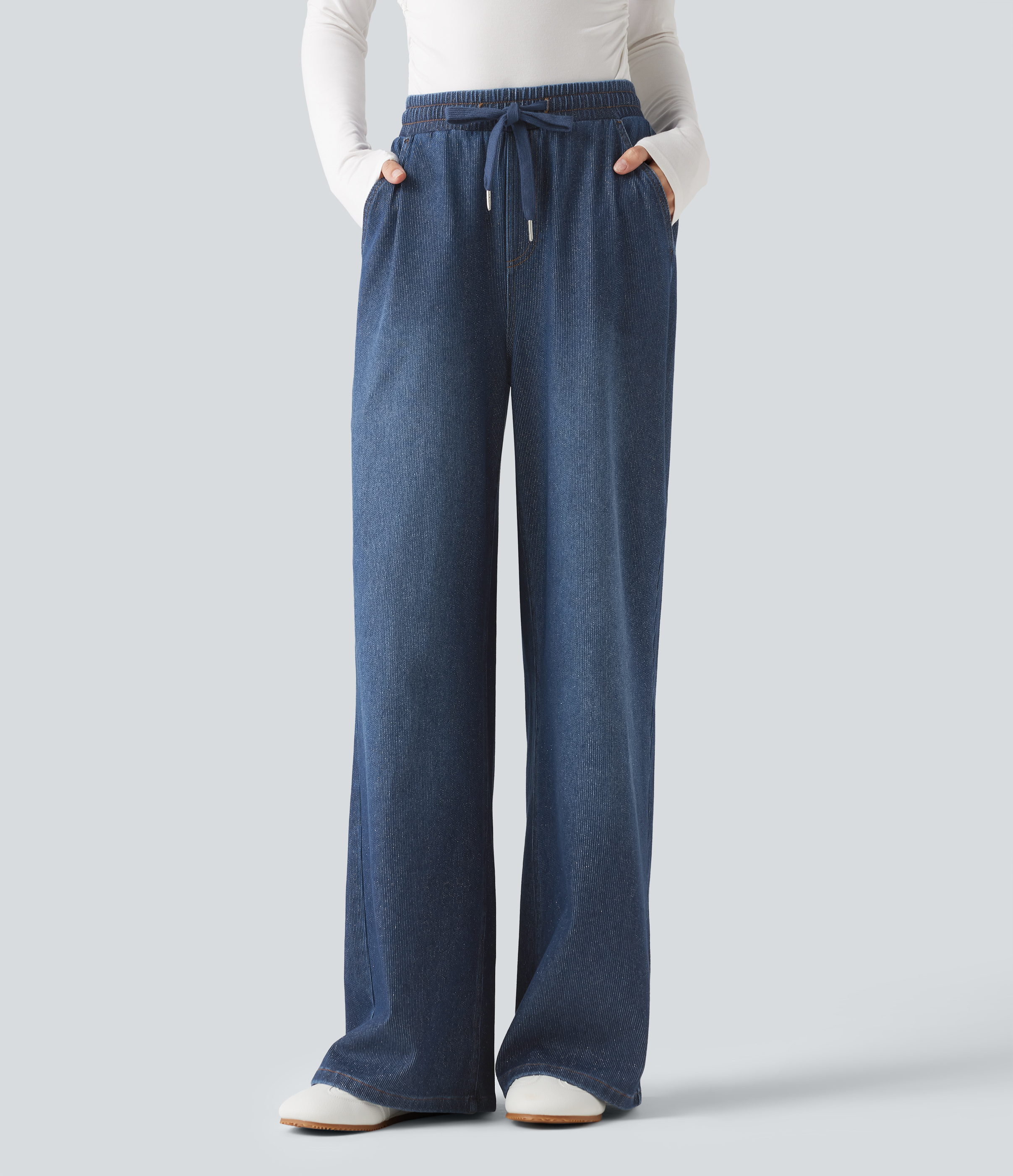 Halara Flex™ High Waisted Drawstring Wide Leg Silver Shine Casual Sweatpants Jeans with Pockets