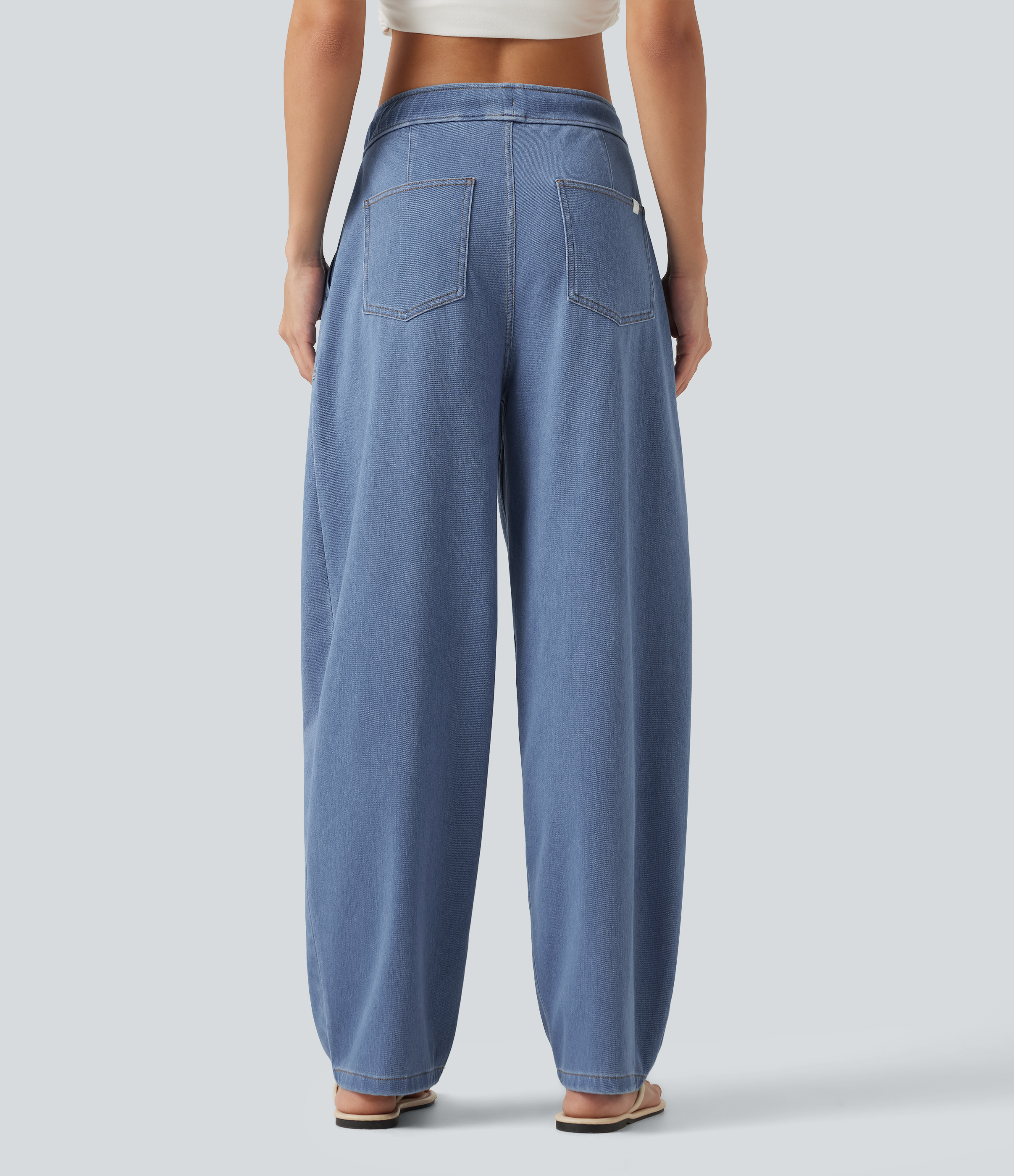 Vallarta Blue Denim Halara Flex™ Mid Rise Drawstring Barrel Leg Casual Jeans with Pockets / 2