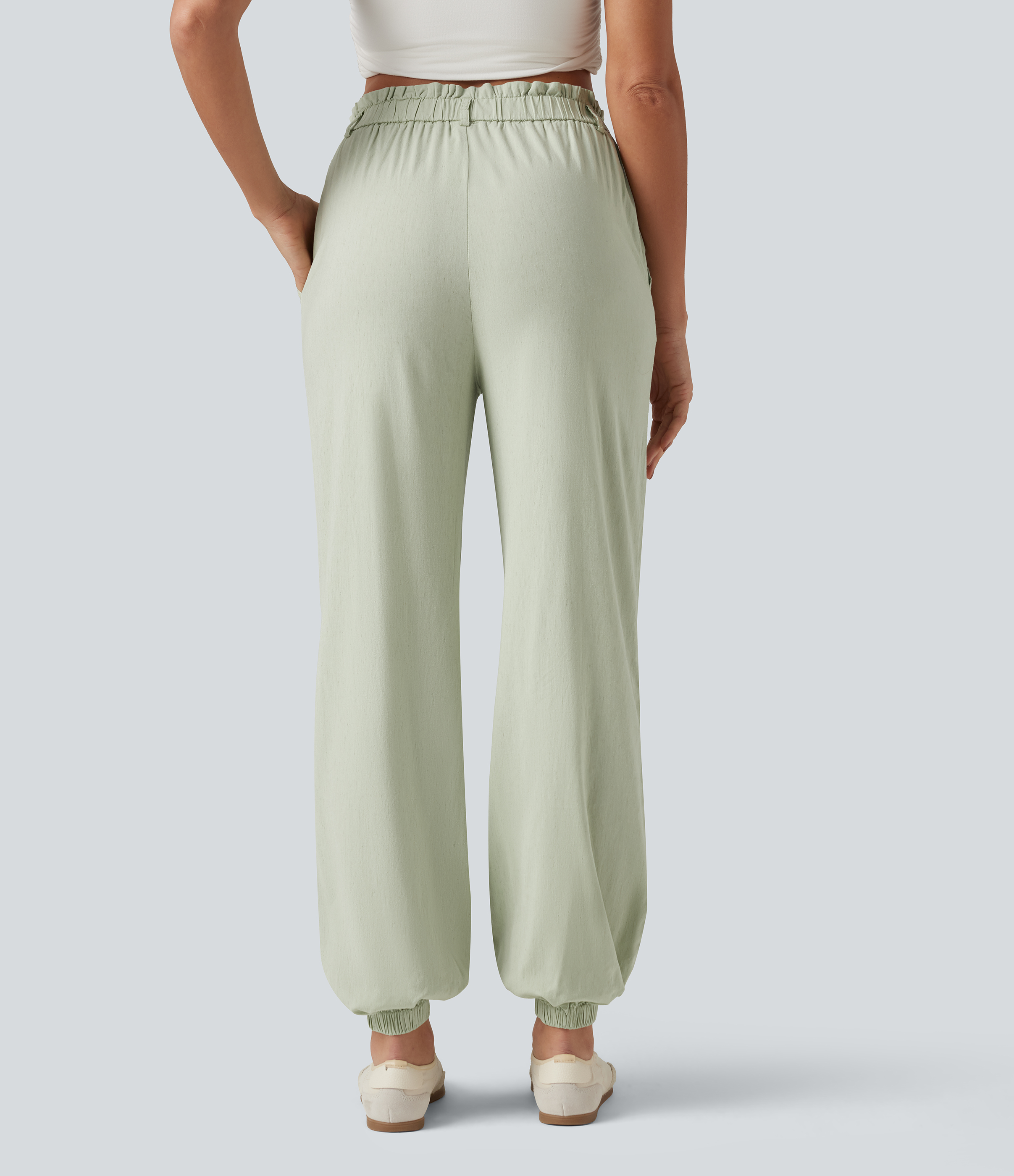 Mist Meadow Green High Waisted Casual Stretch Linen Joggers with Pockets / 2