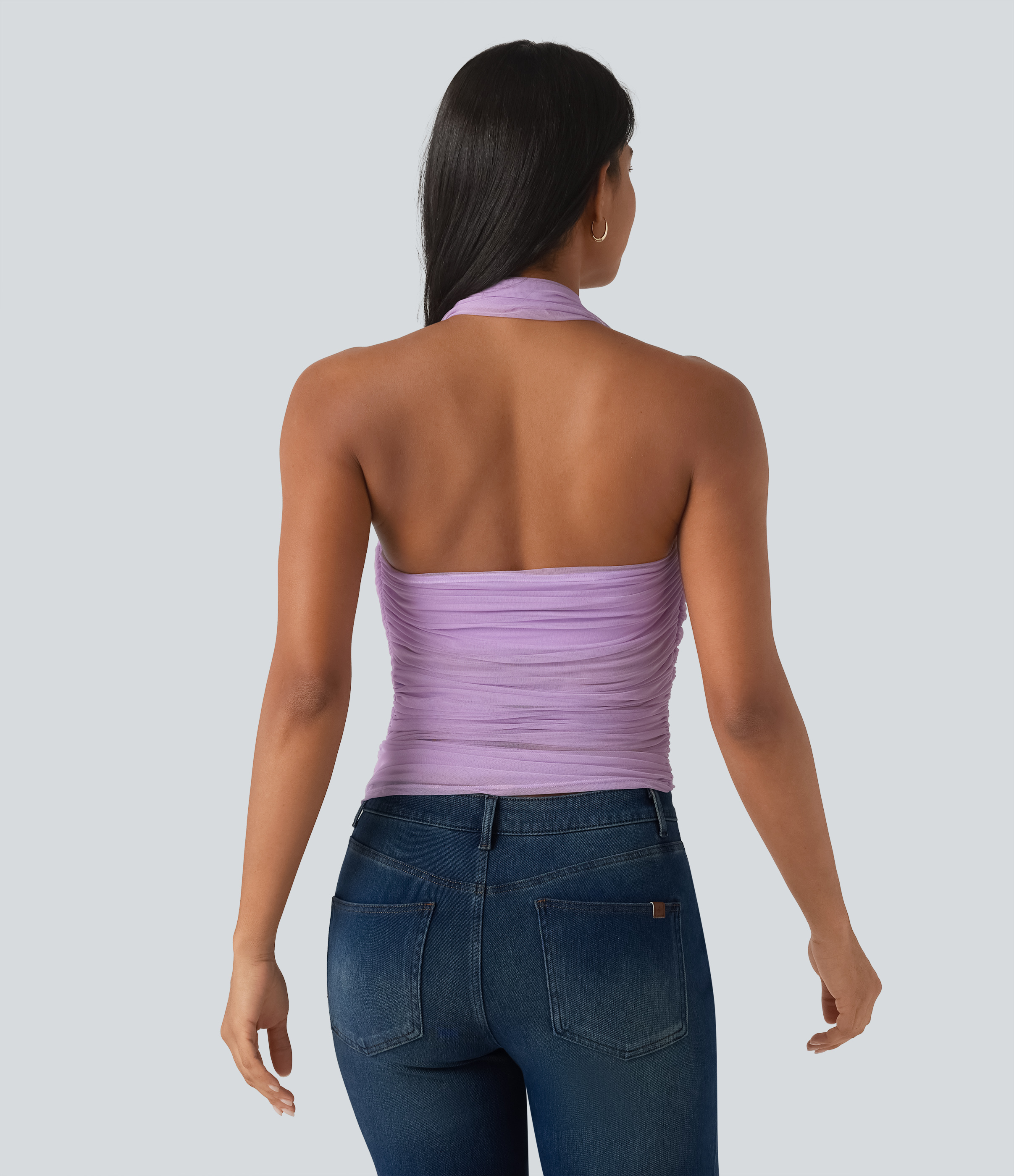 Milky Purple Halter Backless Ruched Mesh Overlay Built-in Bra Resort Tank Top / 2