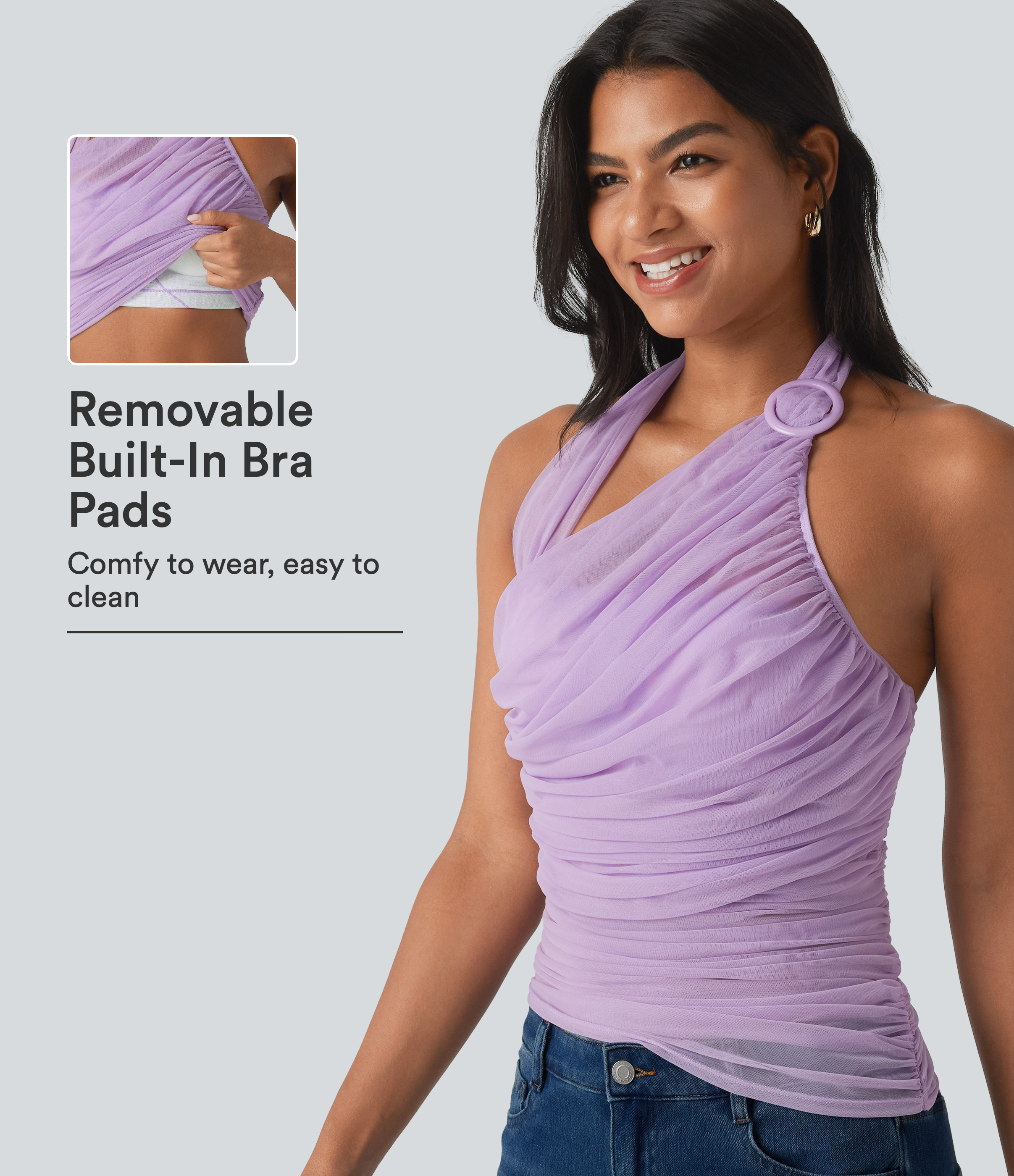 Halter Backless Ruched Mesh Overlay Built-in Bra Resort Tank Top