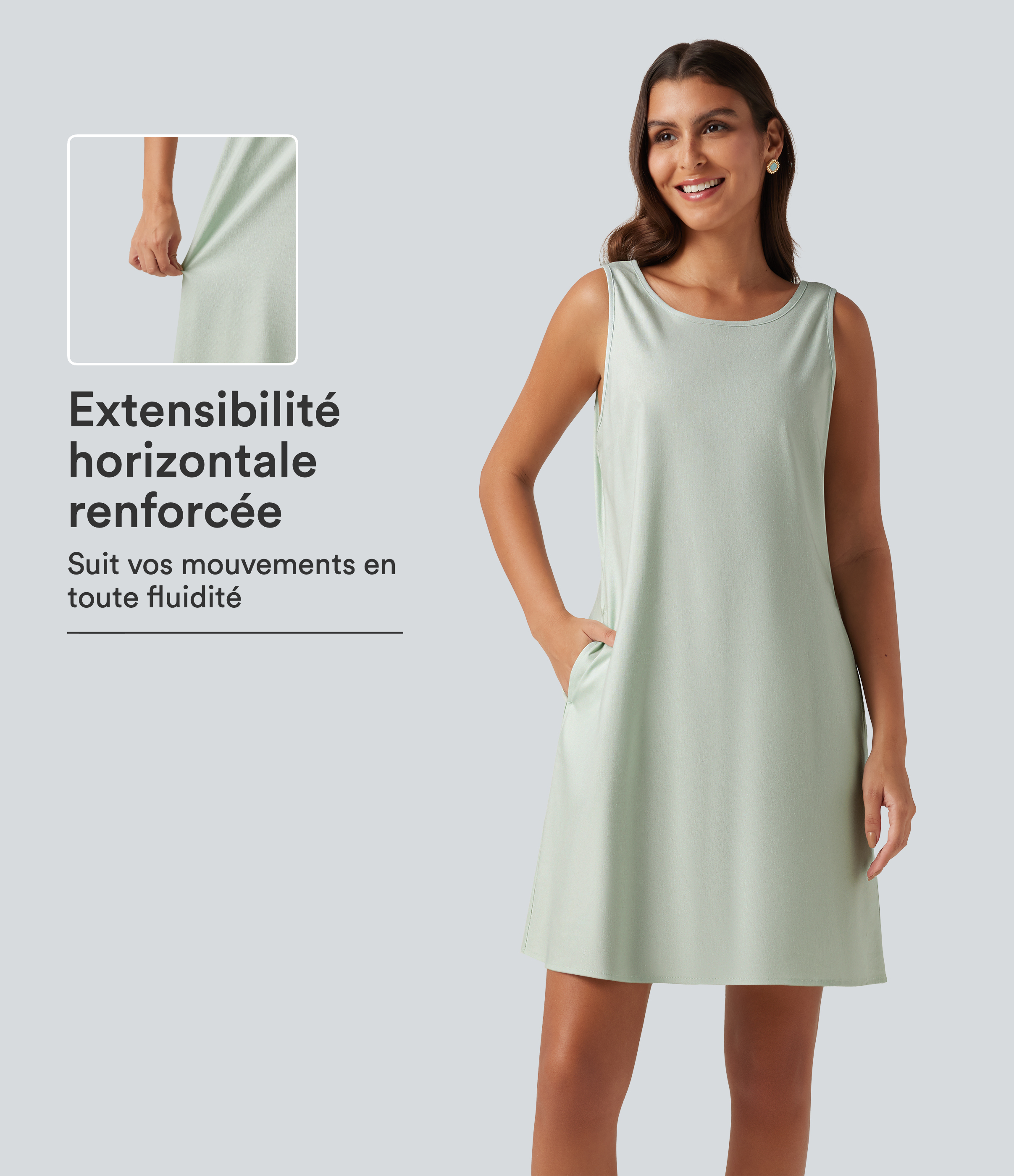 Robe mini sans manches en coton et lin à col rond avec poches