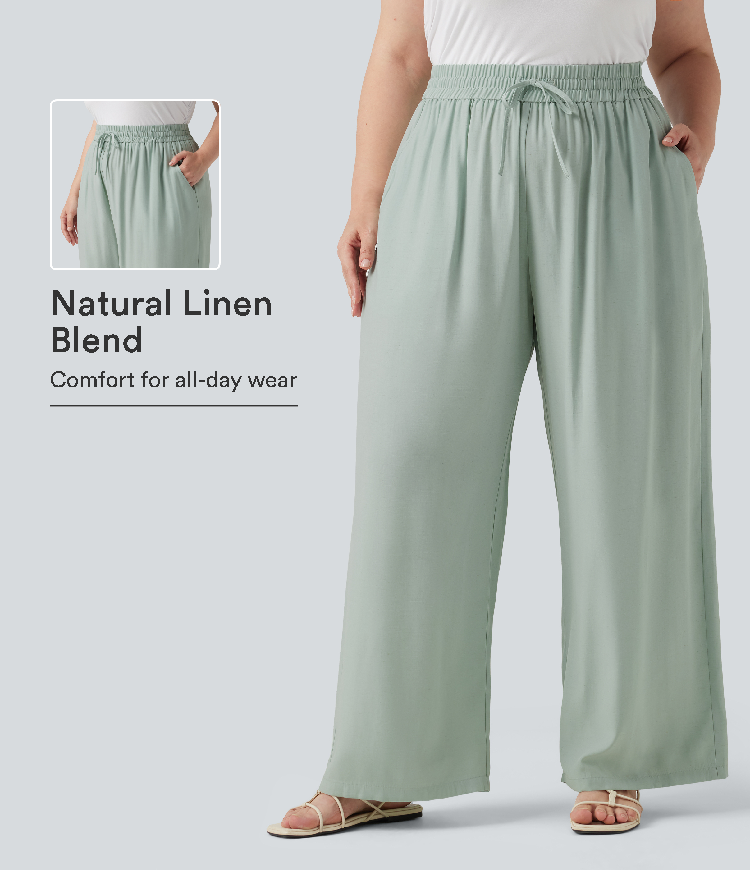Plus Size High Waisted Drawstring Wide Leg Casual Linen-Blend Pants with Pockets