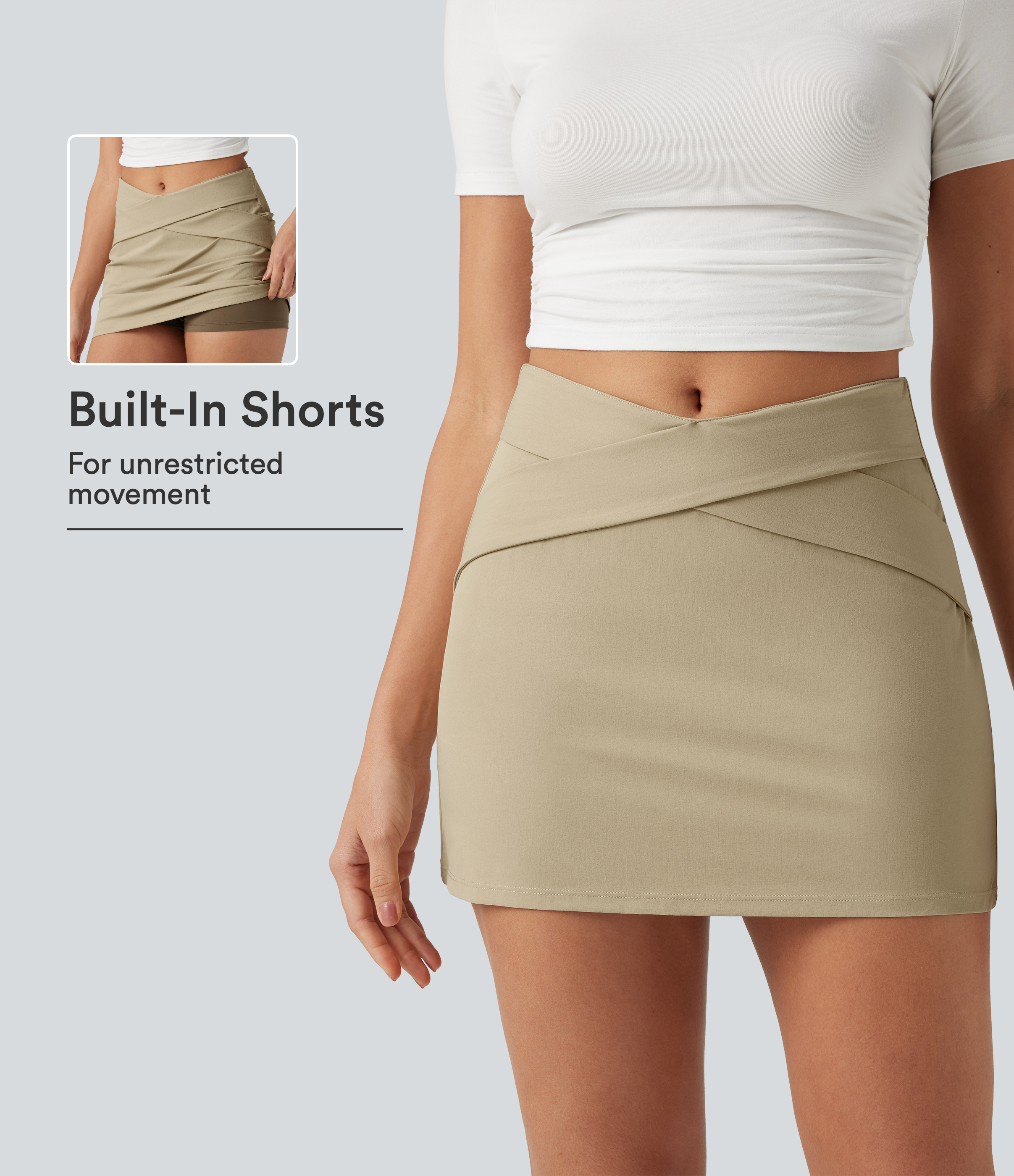 High Waisted Crossover 2-in-1 A-Line Stretchy Poplin Mini Casual Skirt