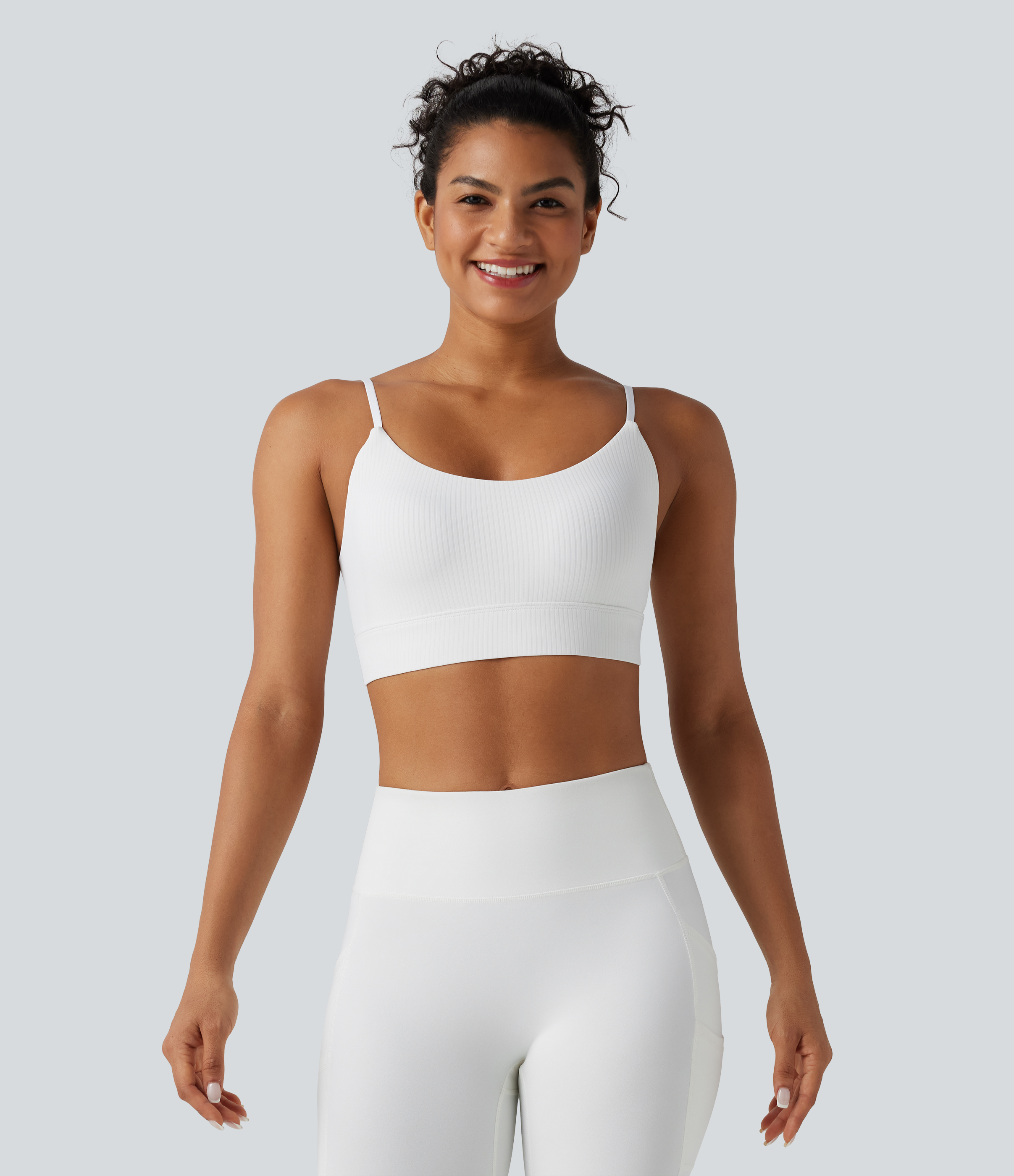 Weiß Gerippter Strick-Yoga-Sport-BH mit integriertem, leichtem Halt / 2