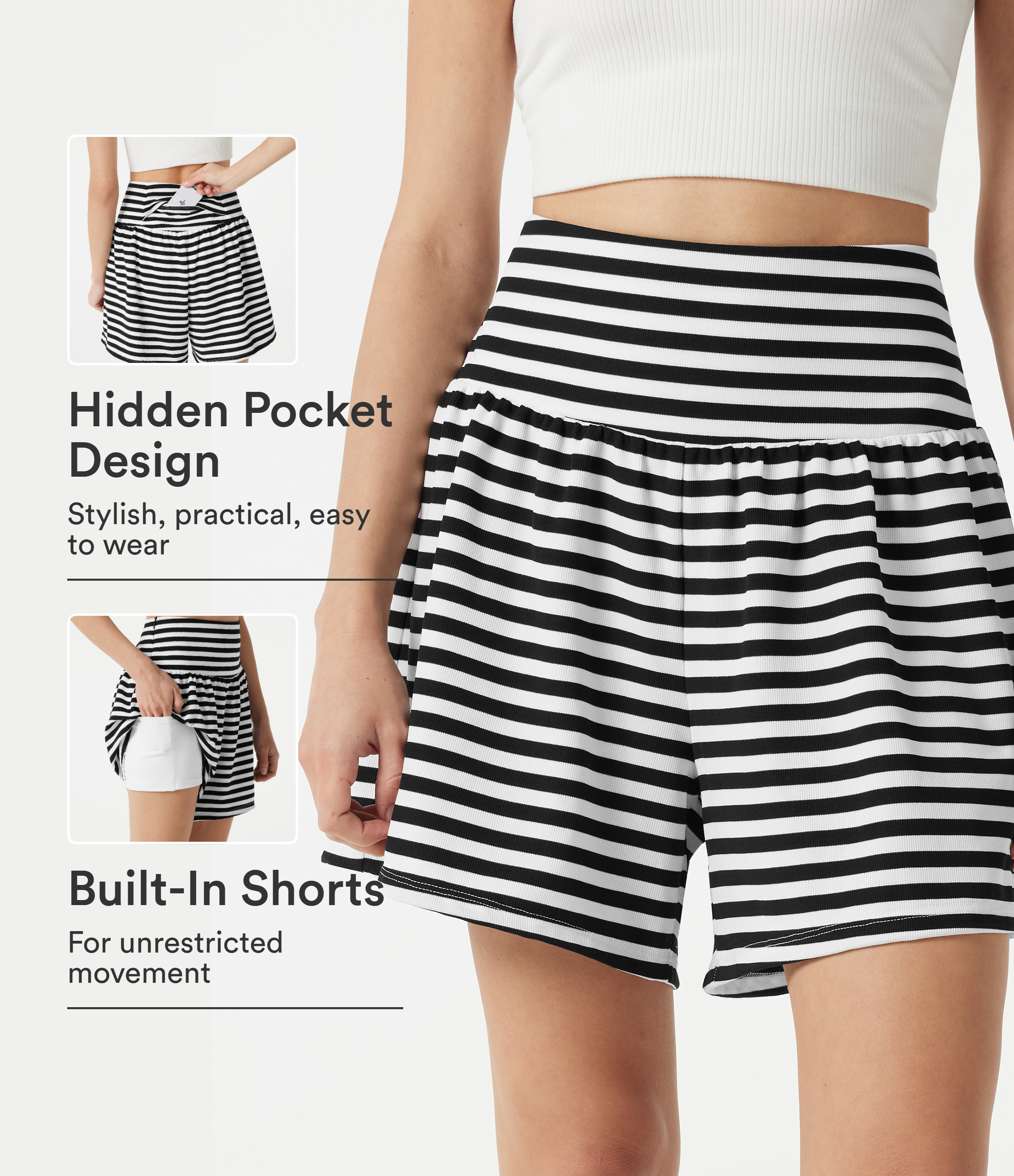 High Waisted 2-in-1 Stripe Waffle Casual Shorts 5'' with Pockets