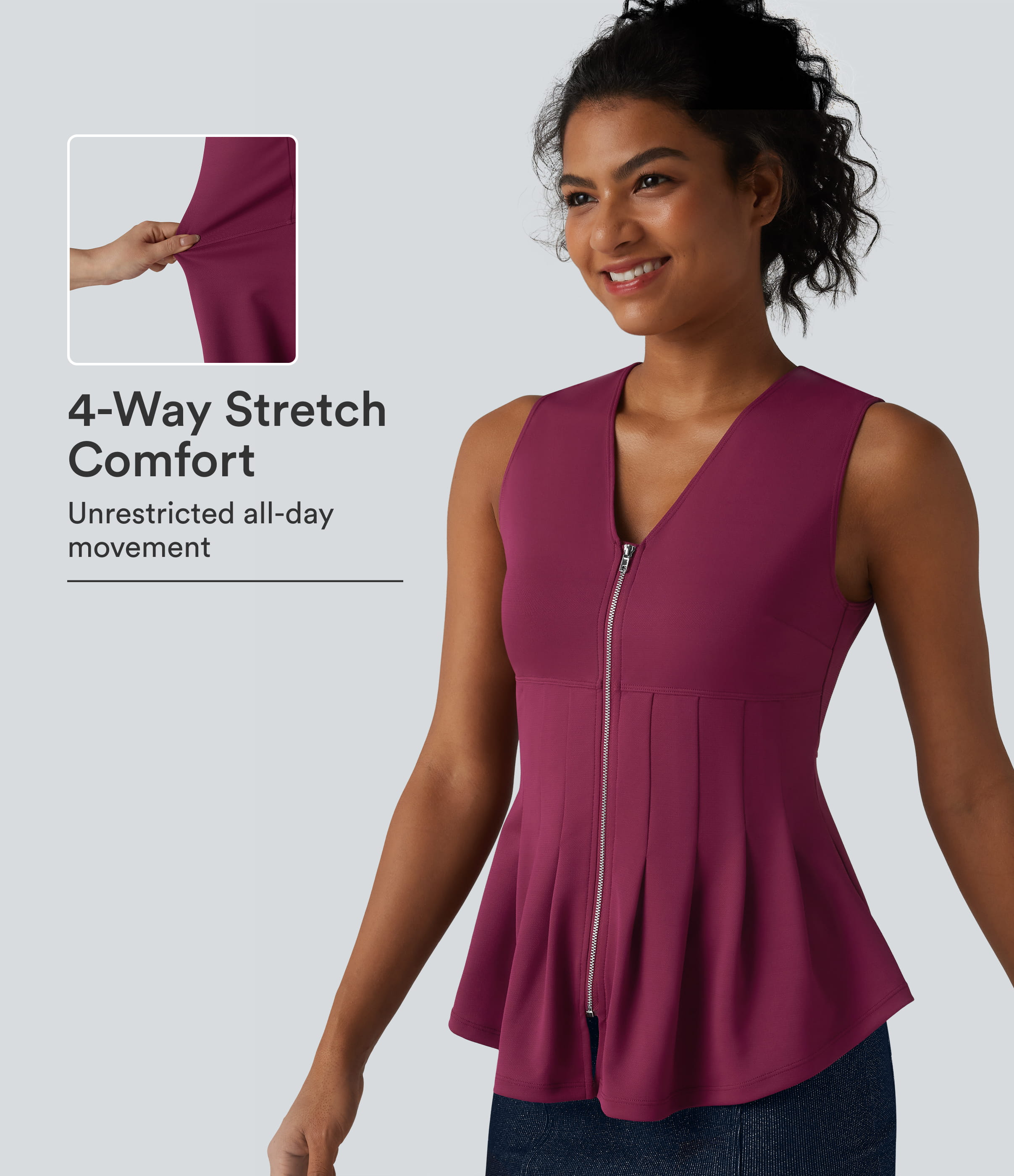 V Neck Zipper Crepe Casual Tank Top
