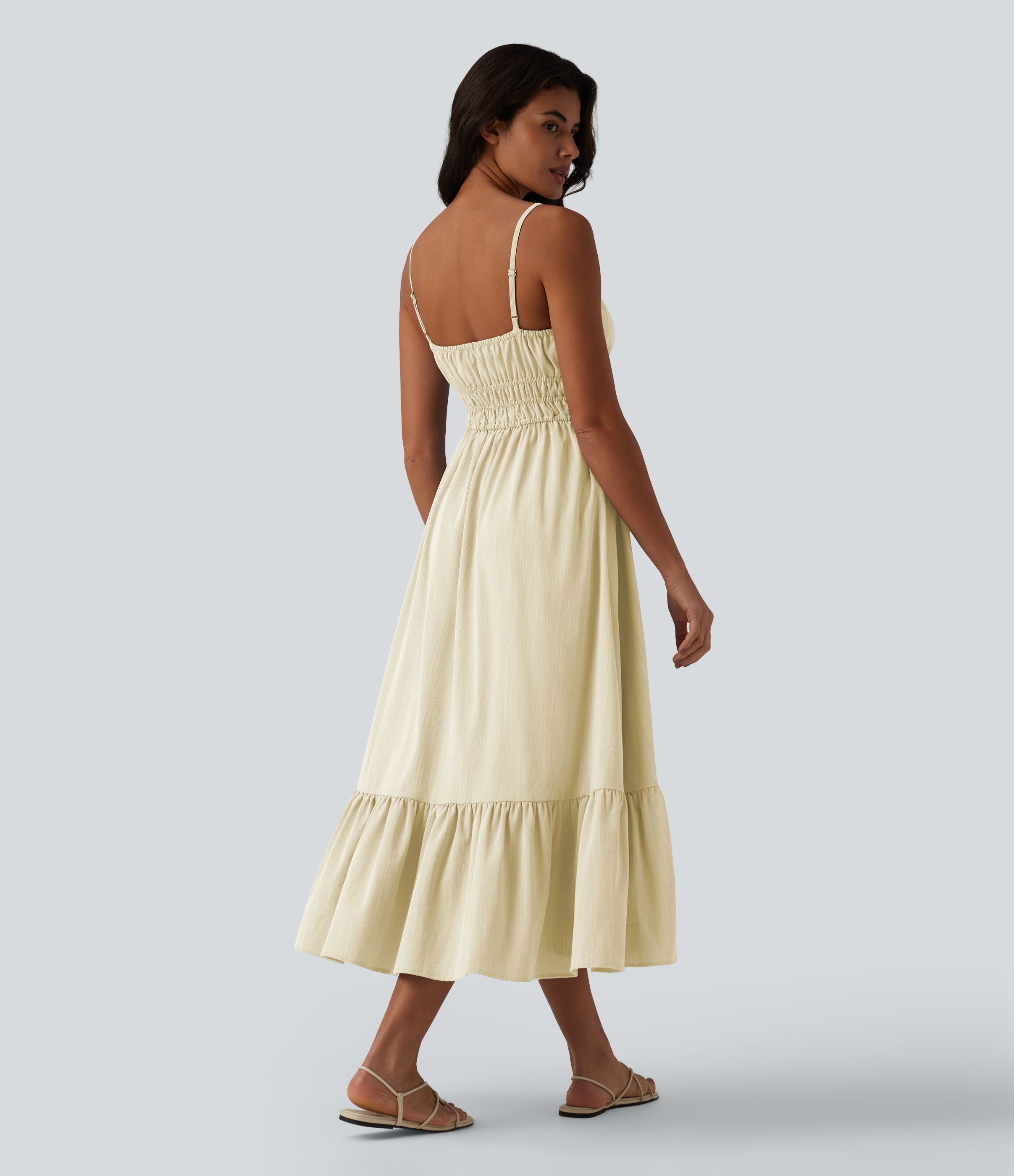 Sunveil Cream Yellow Tie Front Flowy Midi Casual Linen-Feel Slip Dress / 2