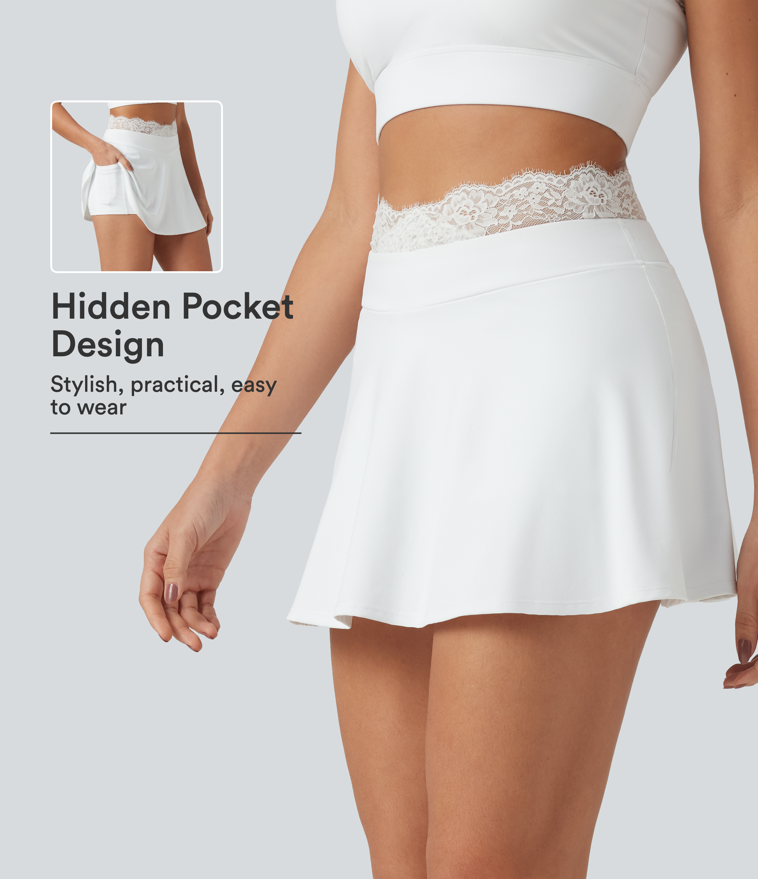 SoftlyZero™ Airy High Waisted Contrast Lace 2-in-1 InstantCool Mini Tennis Skirt with Pockets-UPF50+