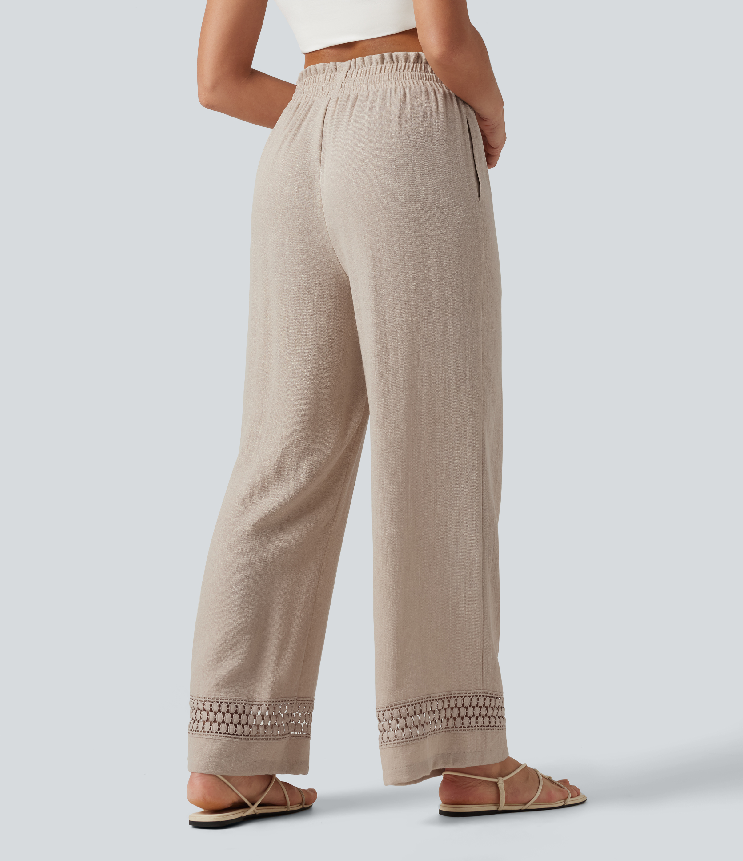 Peyote High Waisted Drawstring Casual Linen-Feel Trousers with Pockets / 2