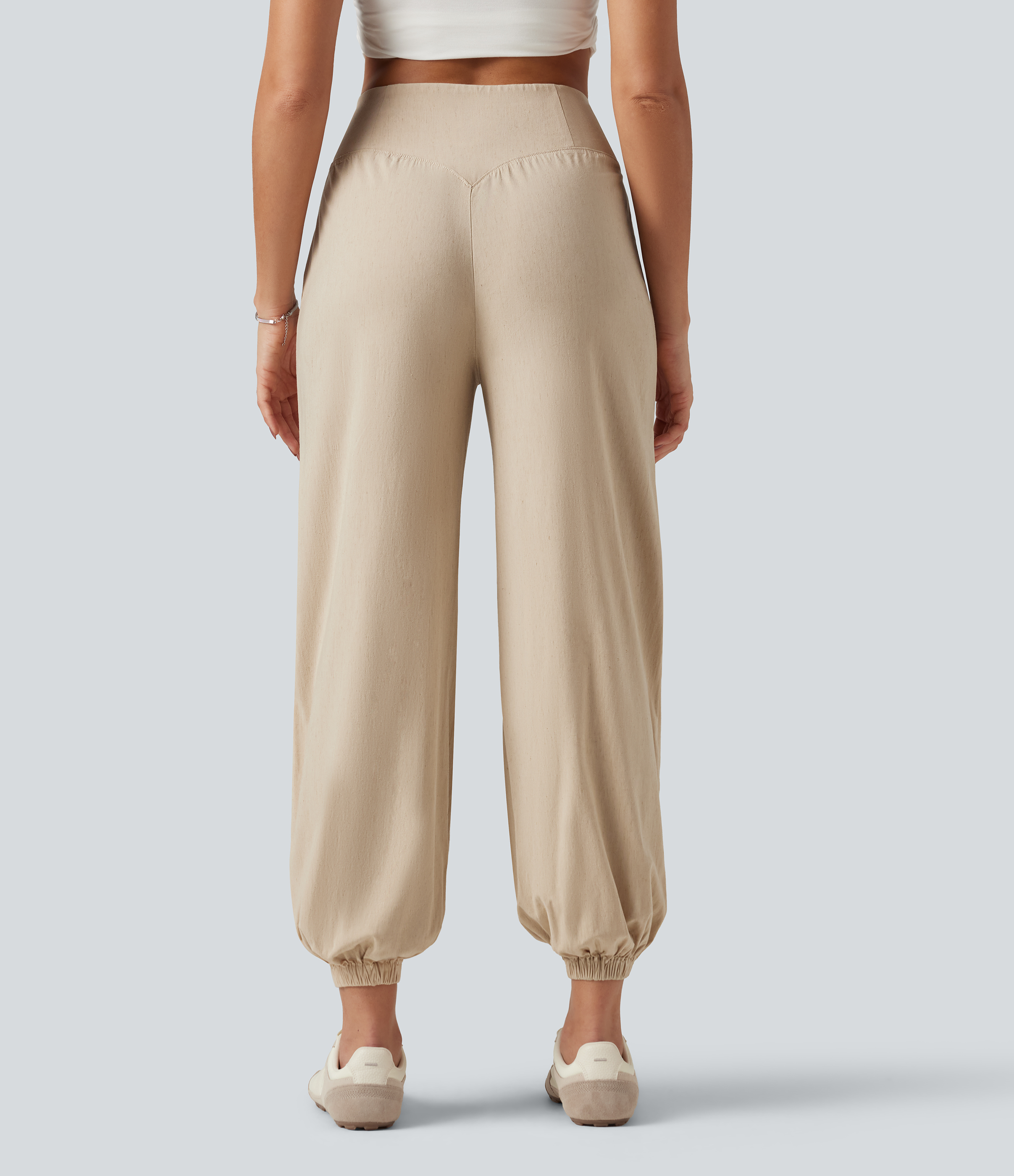 Oatfield Cream Lässige Stretch-Leinen-Jogger mit hohem Bund und Taschen / 2