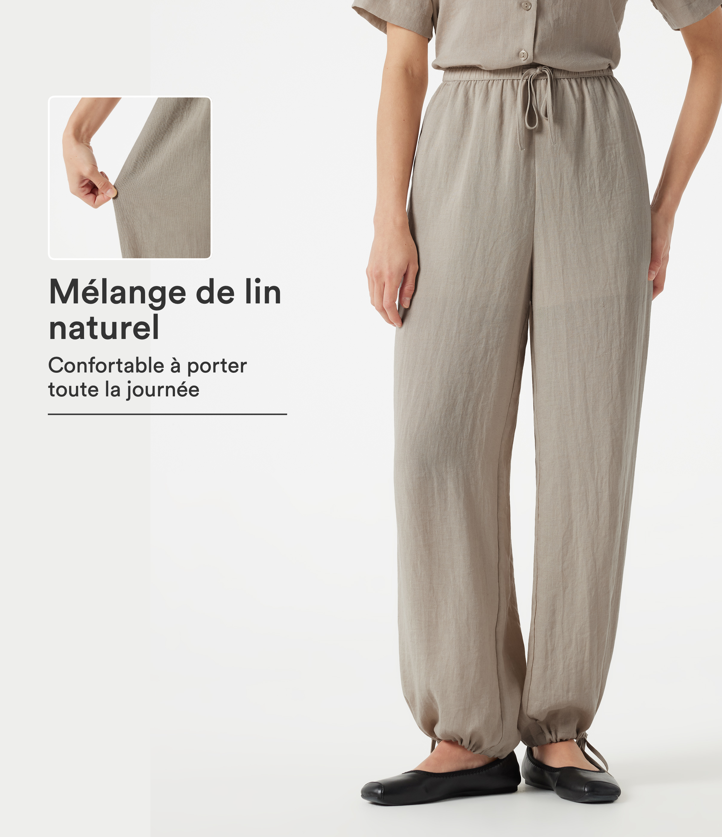 Pantalon barrel de bureau taille haute en mélange de lin avec short intégré et poches