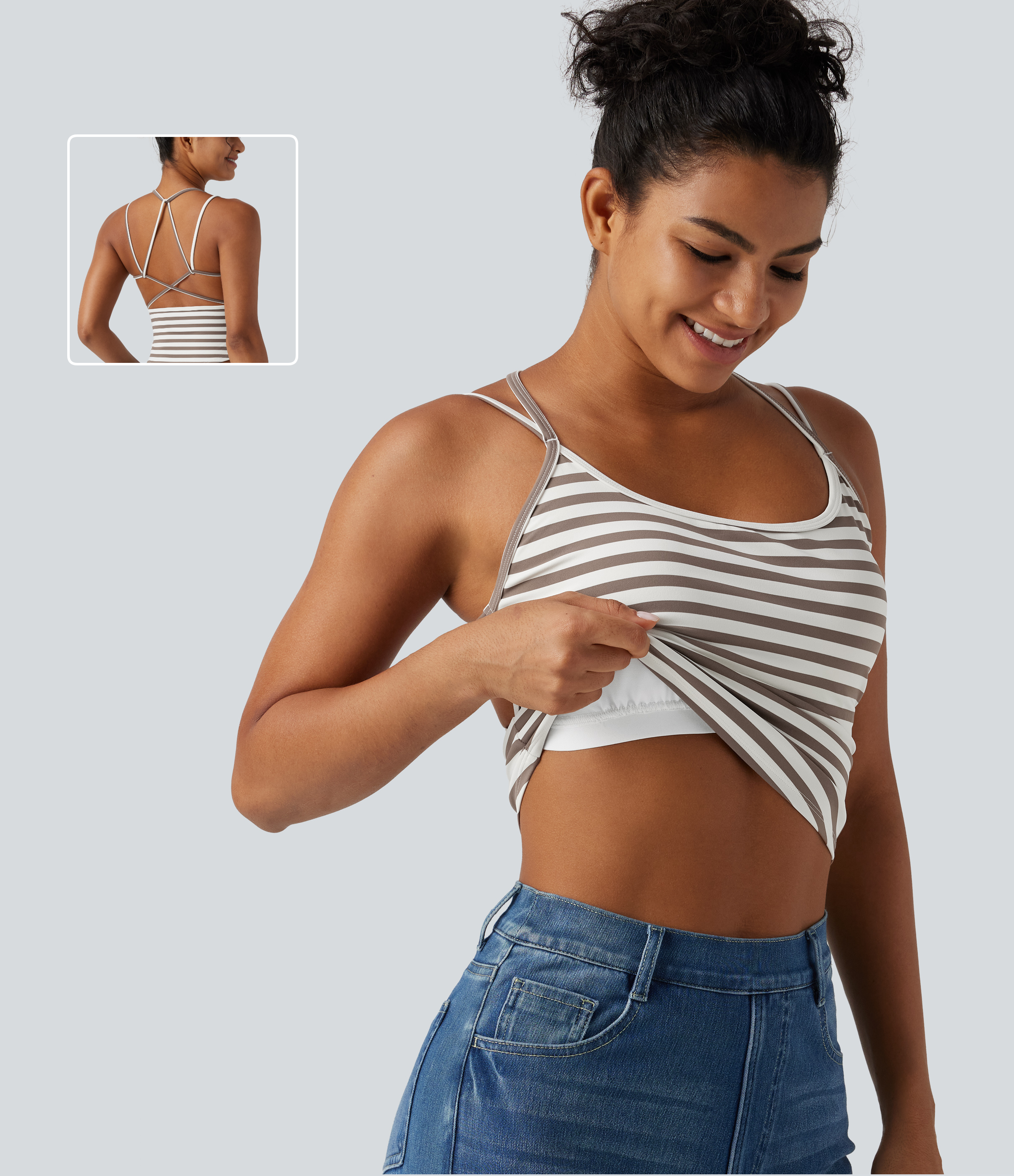 Lässiges Tanktop mit U-Ausschnitt, integriertem BH und Streifenmuster