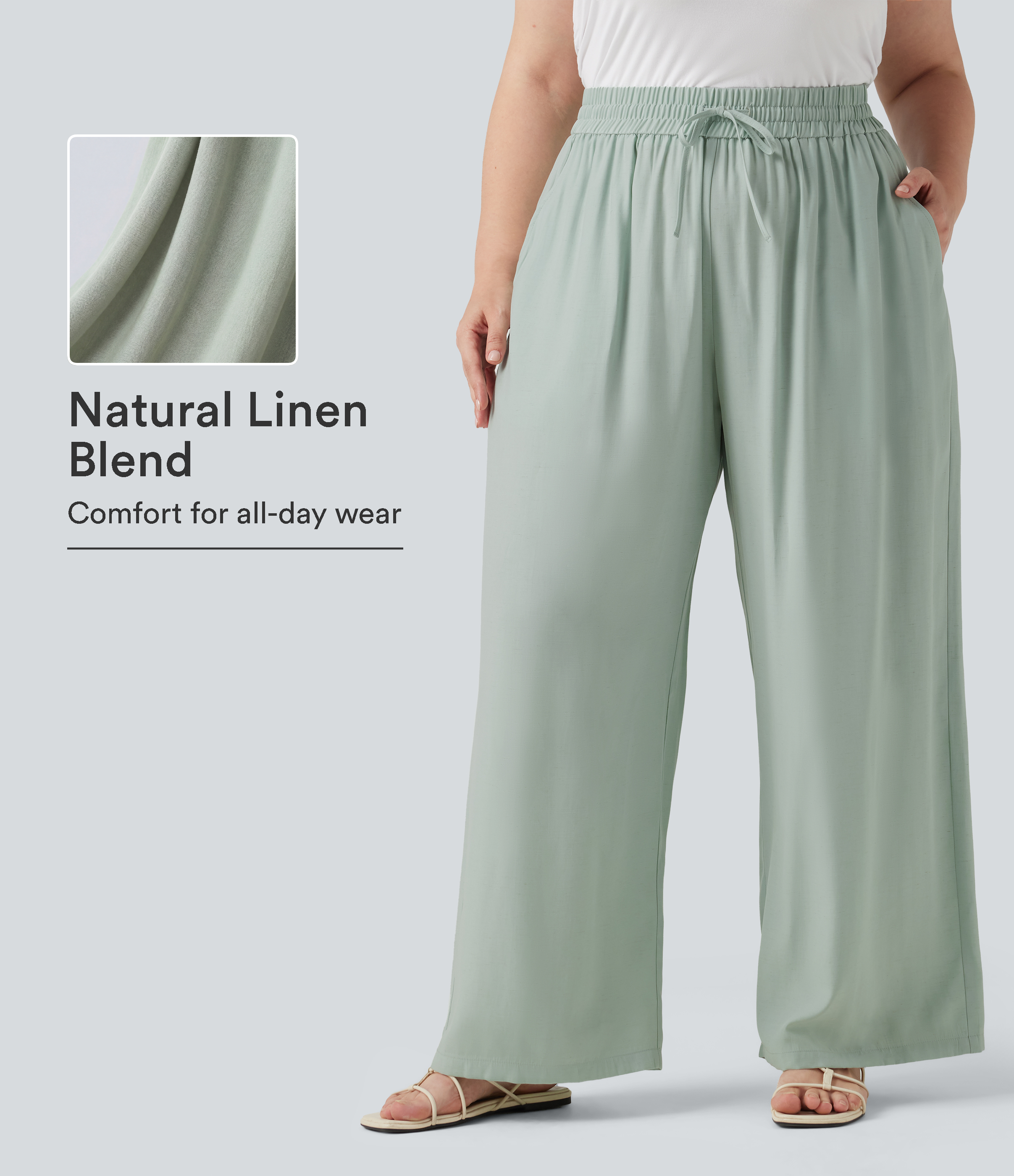 Plus Size High Waisted Drawstring Wide Leg Casual Linen-Blend Pants with Pockets