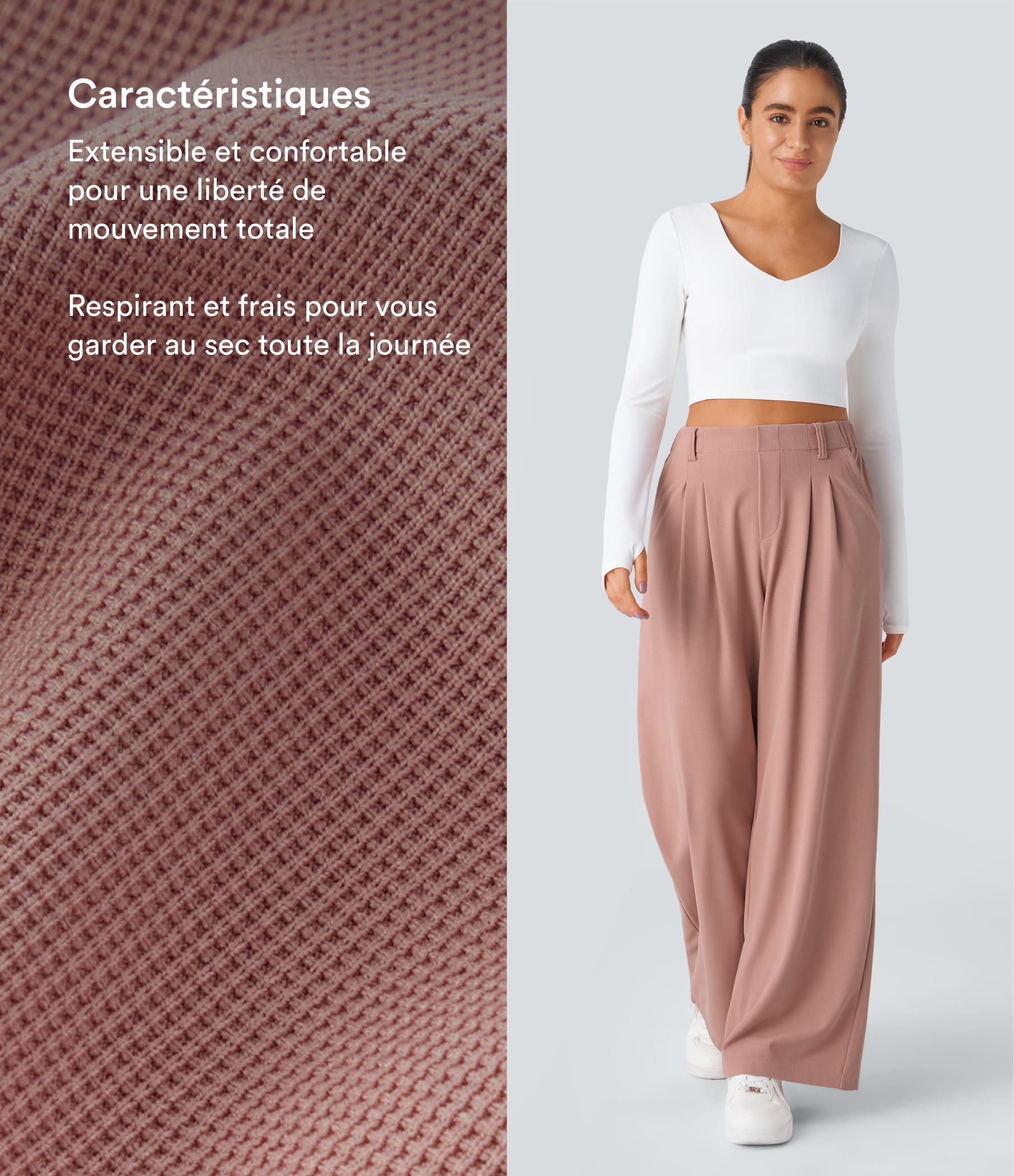 Rose Tan Pantalon Tailleur Large Fluide Halara Flex™ Gaufré Taille Haute Poches Latérales / 2
