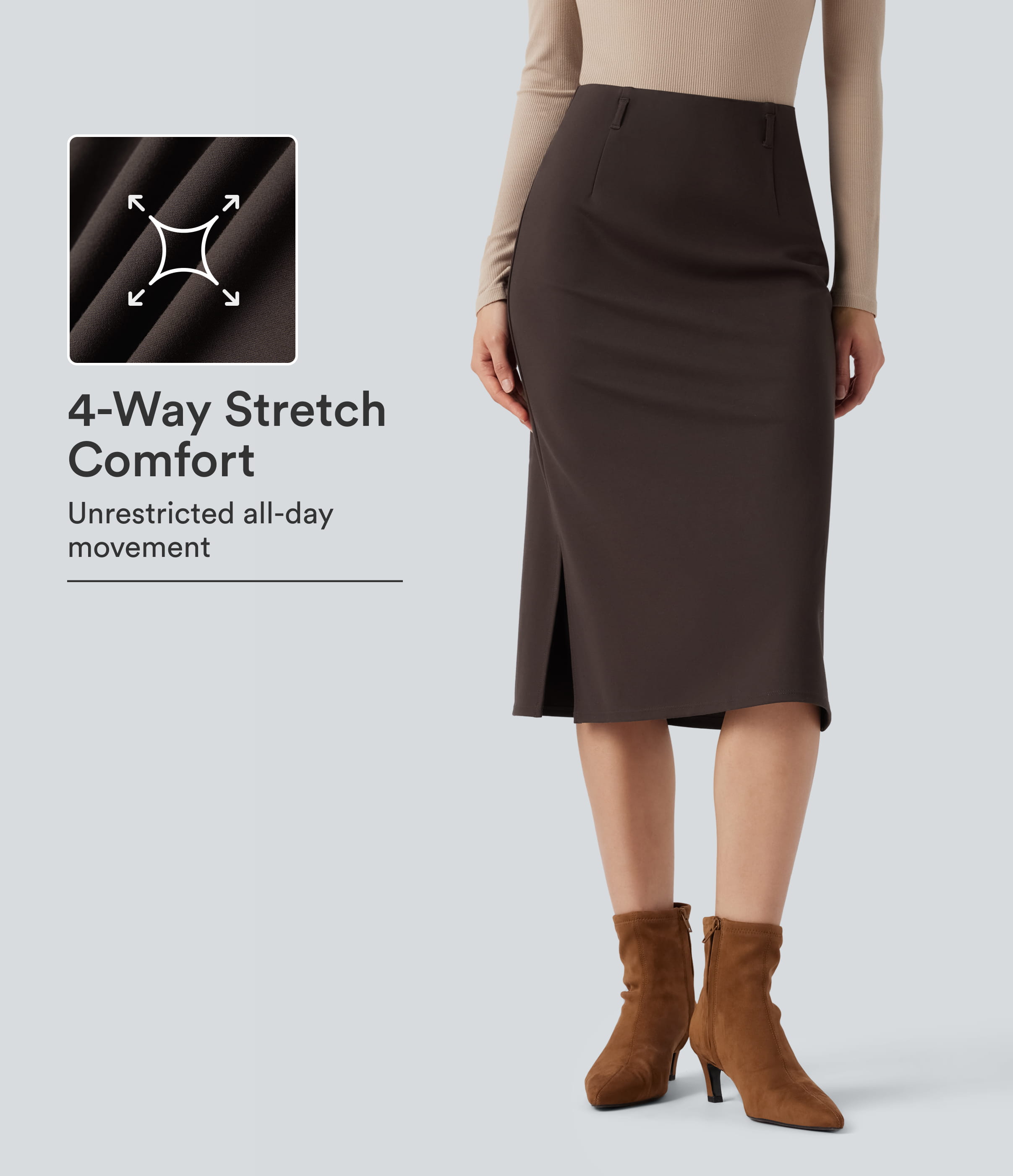 Wear-Resistant High Waisted Split Midi Ponte Roma Work Skirt