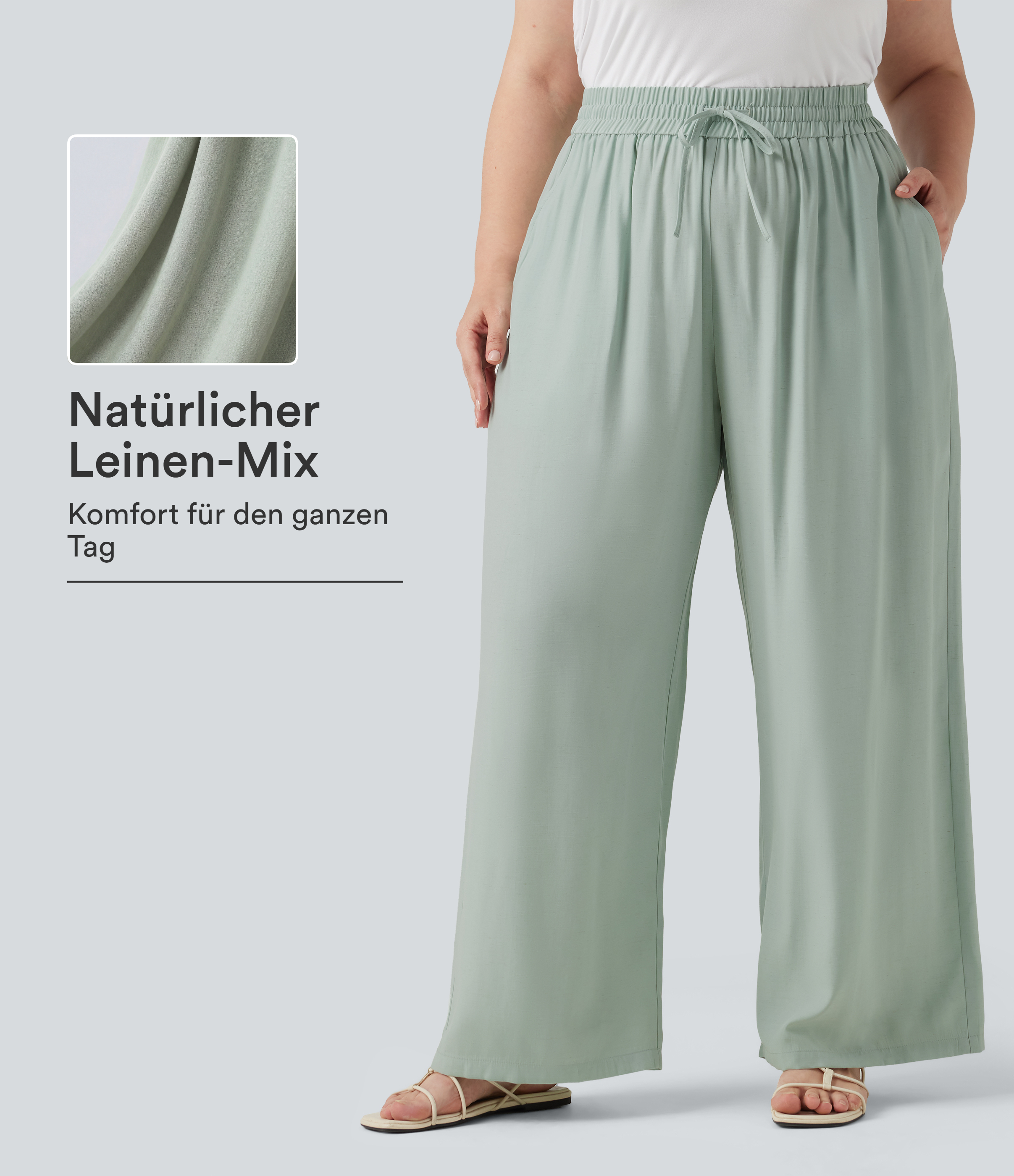 Lässige Hose aus Leinenmischgewebe mit hohem Bund, Seitentaschen, Kordelzug und weitem Bein - Plus-Size