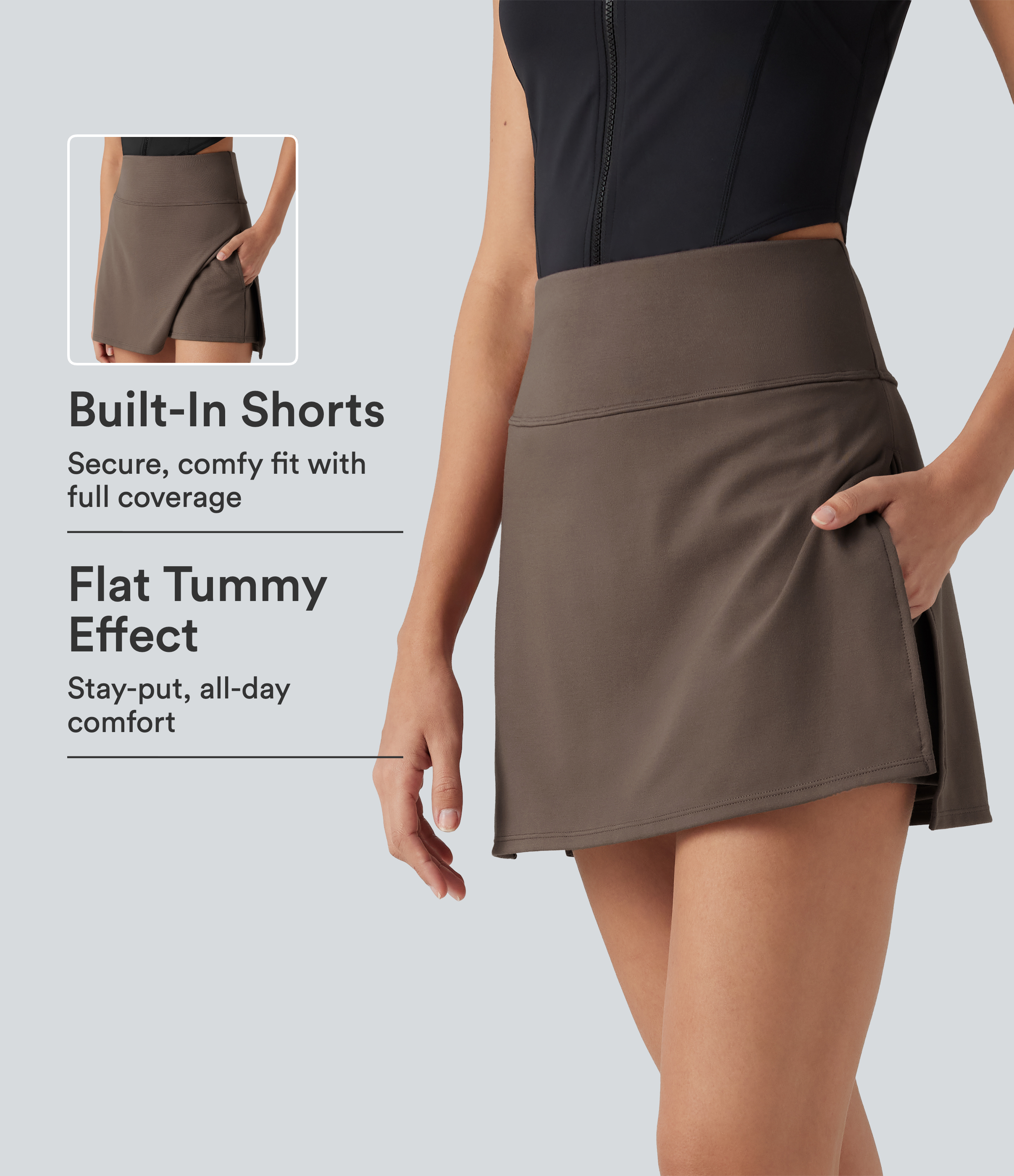 High Waisted Tummy Control 2-in-1 Mini Casual Skirt with Pockets